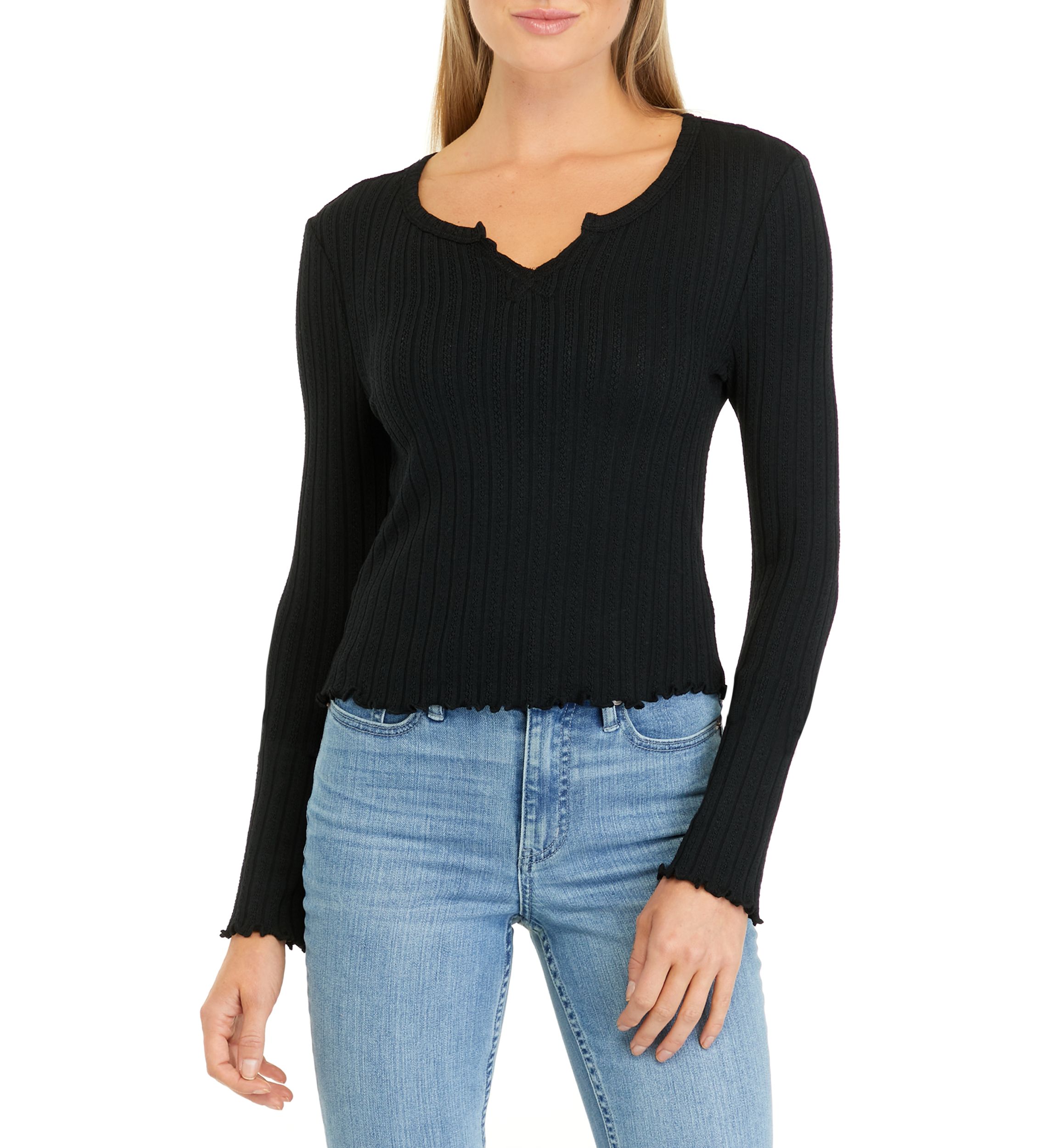 Juniors Long Sleeve Split Neck Tiny T-Shirt