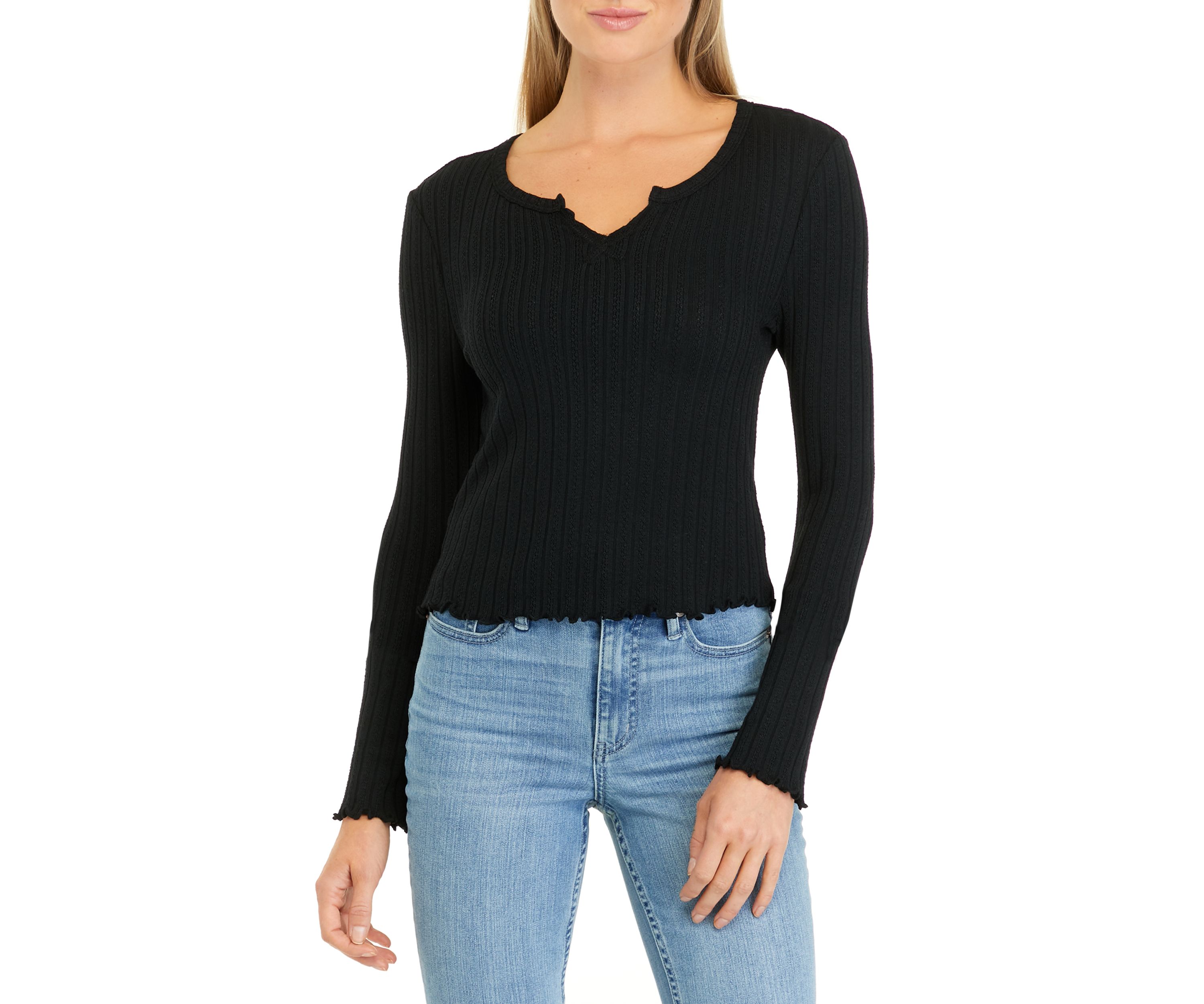 Juniors Long Sleeve Split Neck Tiny T-Shirt