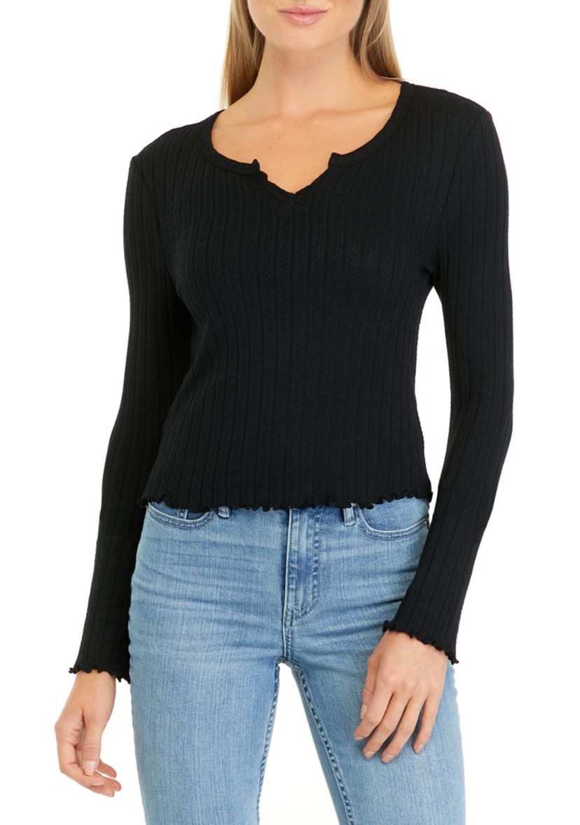 Juniors Long Sleeve Split Neck Tiny T-Shirt