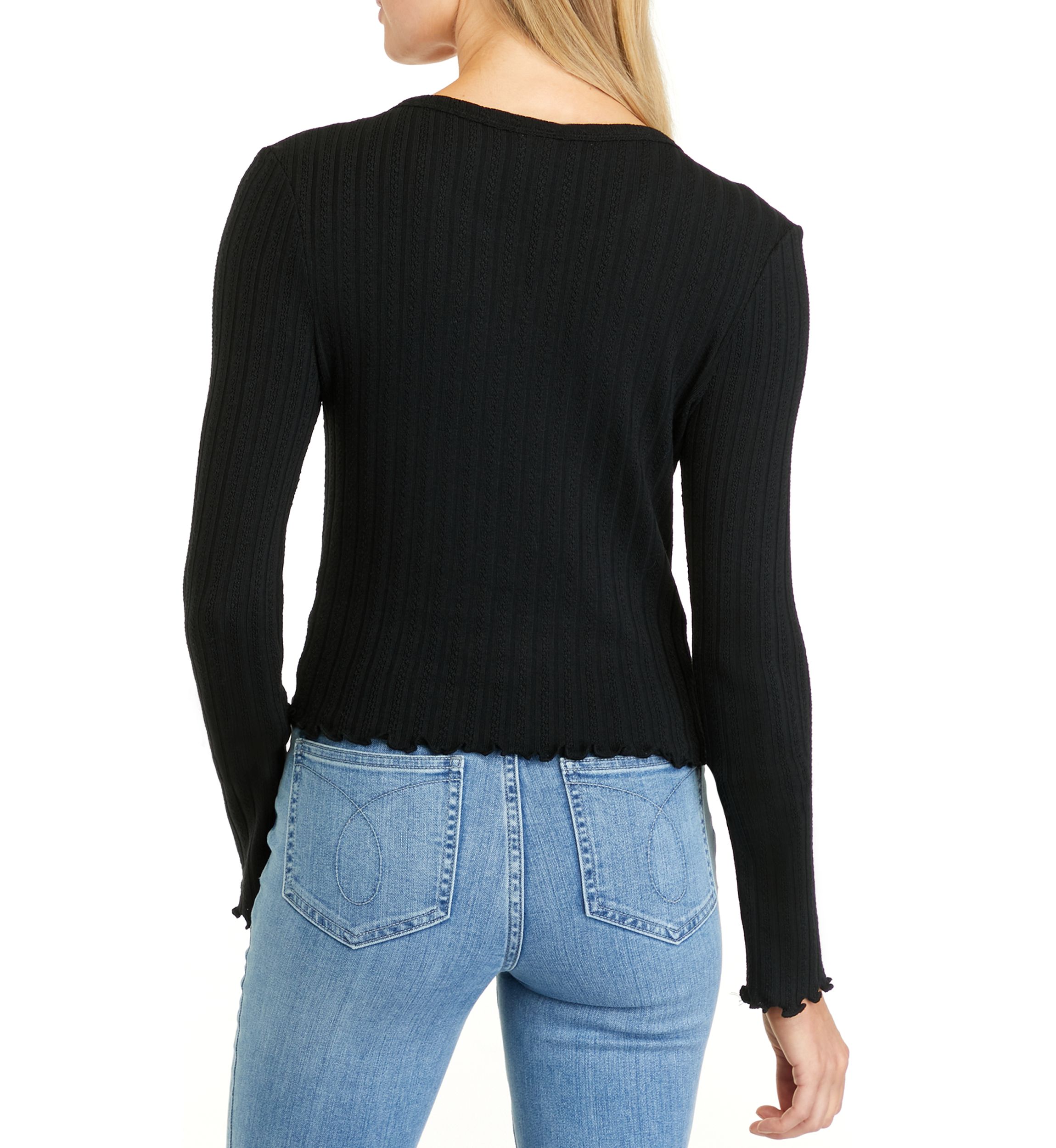 Juniors Long Sleeve Split Neck Tiny T-Shirt