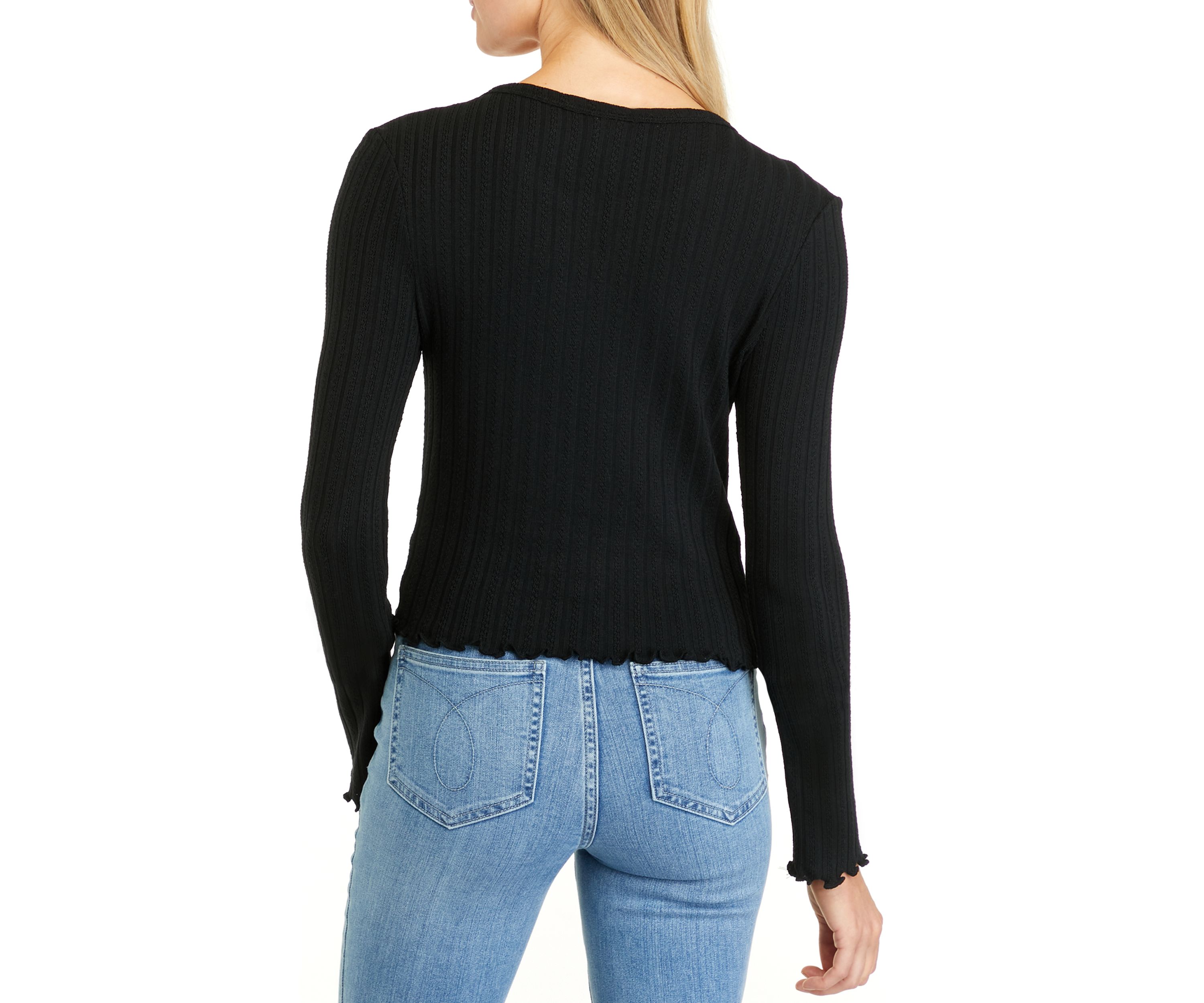Juniors Long Sleeve Split Neck Tiny T-Shirt