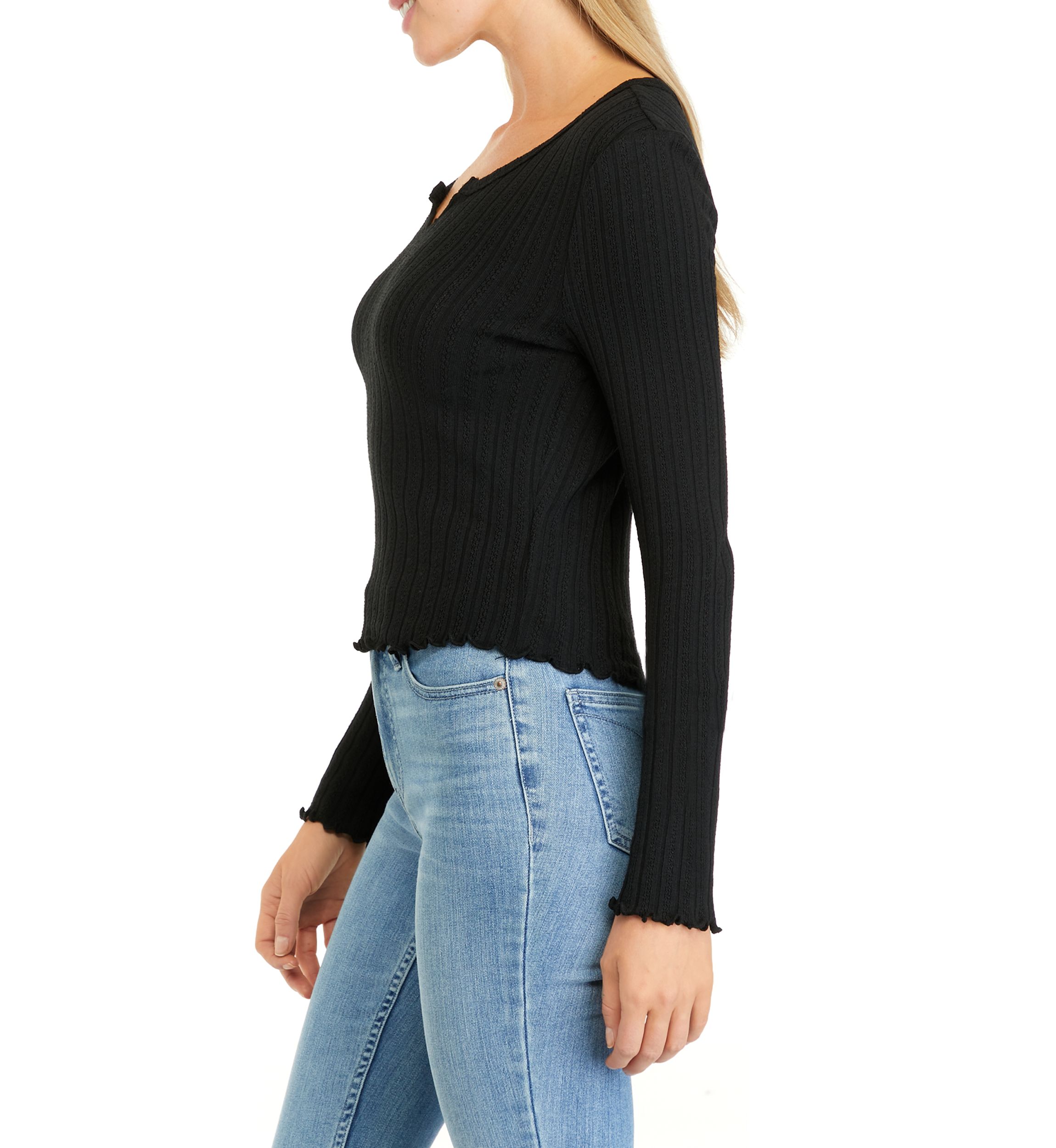 Juniors Long Sleeve Split Neck Tiny T-Shirt