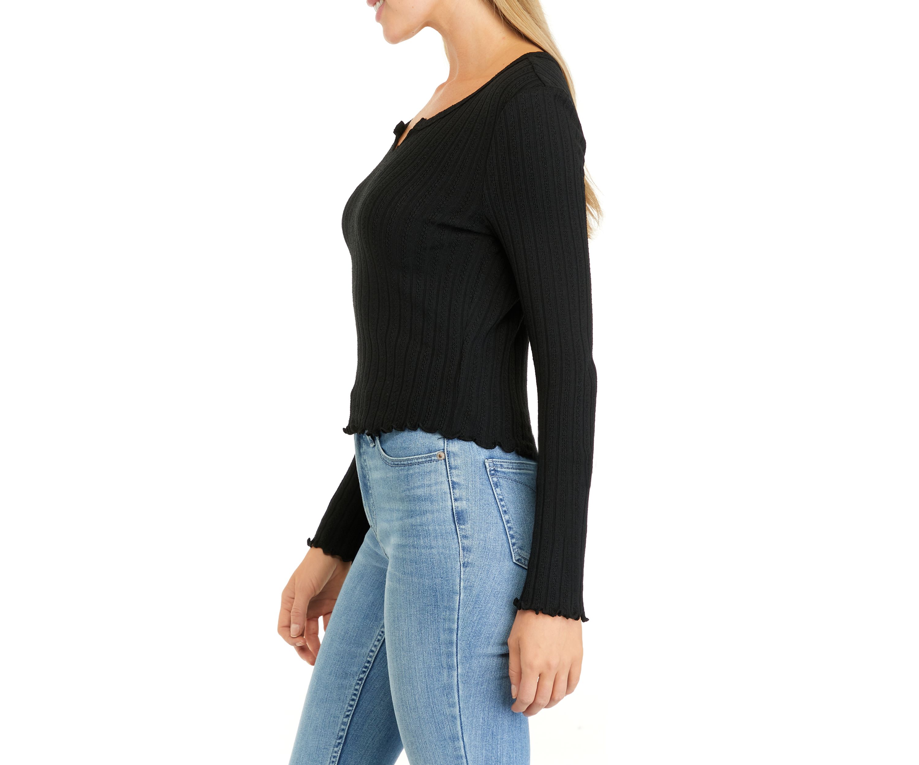 Juniors Long Sleeve Split Neck Tiny T-Shirt