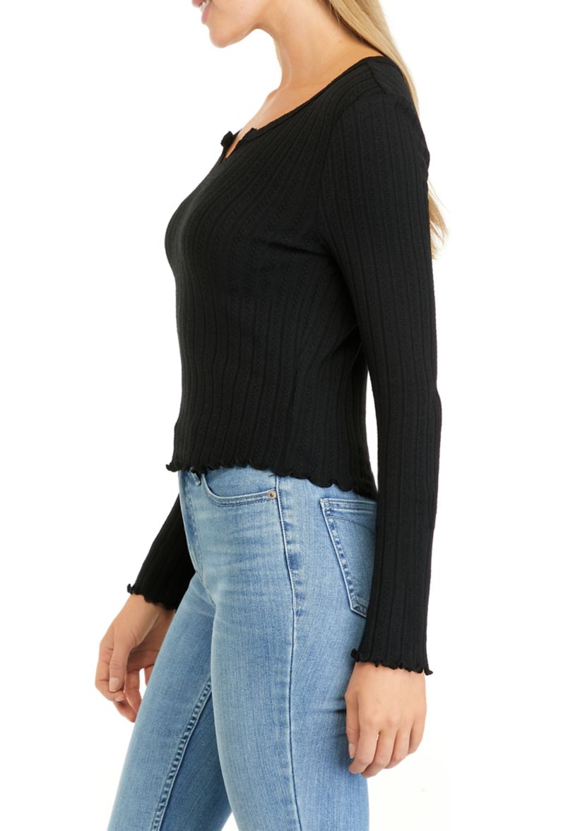 Juniors Long Sleeve Split Neck Tiny T-Shirt
