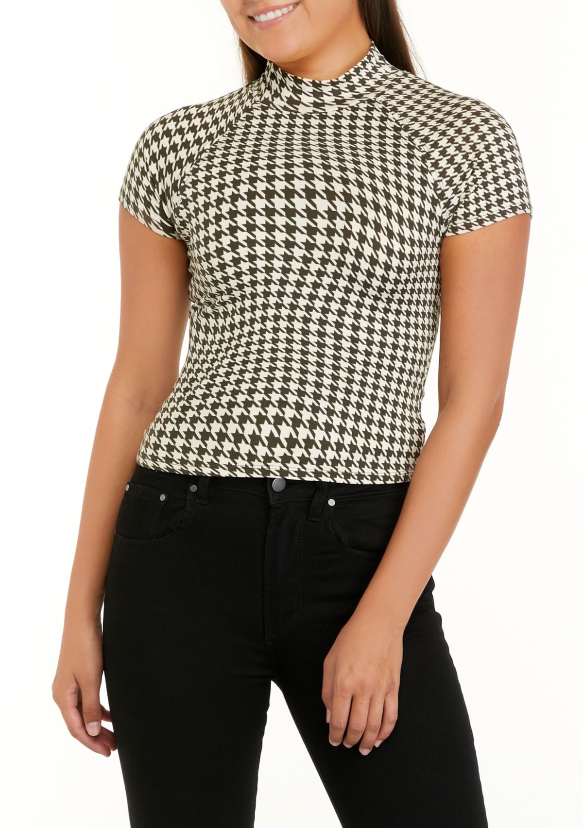 Juniors Short Sleeve Mock Neck Front Cut Out Top