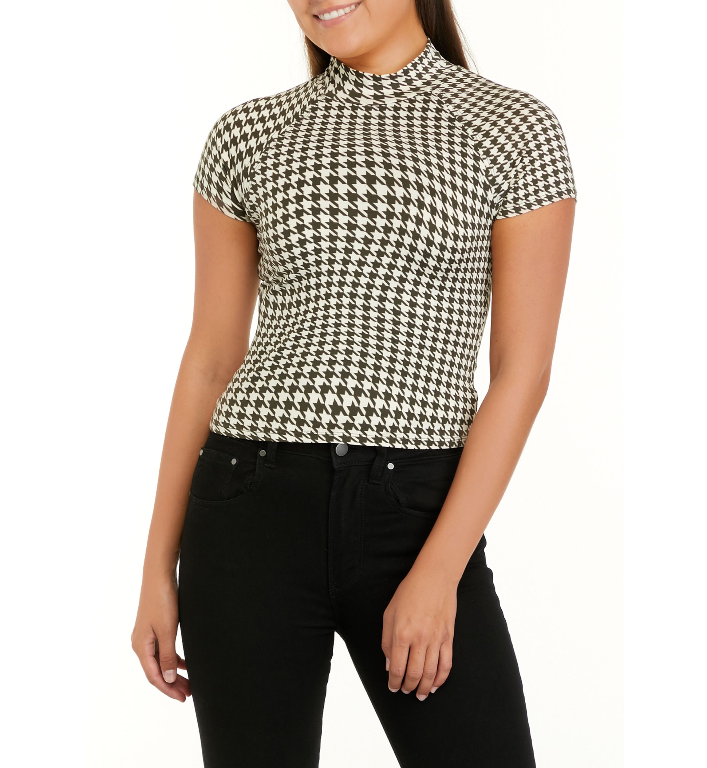 Juniors Short Sleeve Mock Neck Front Cut Out Top