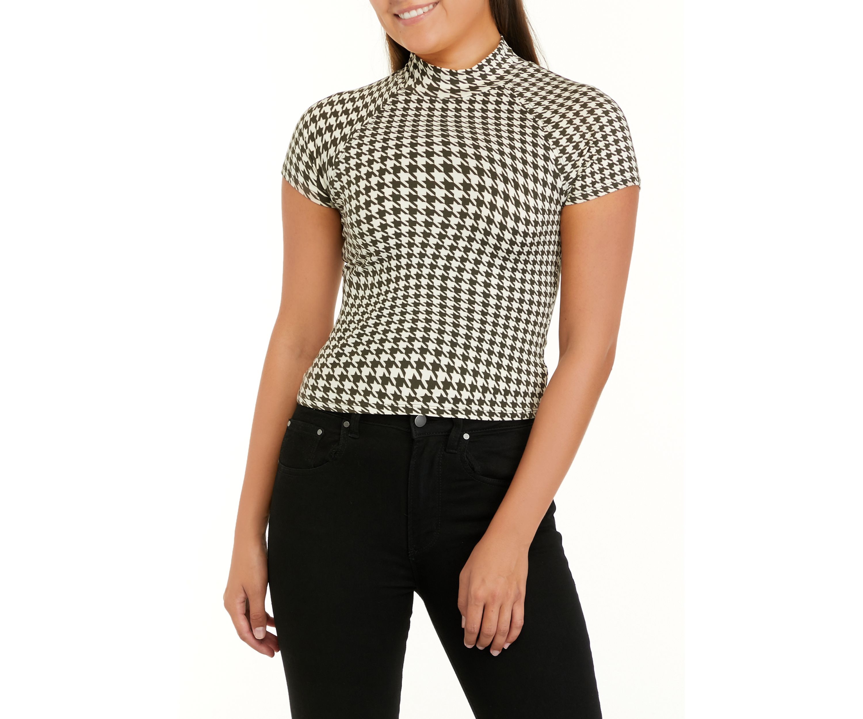 Juniors Short Sleeve Mock Neck Front Cut Out Top