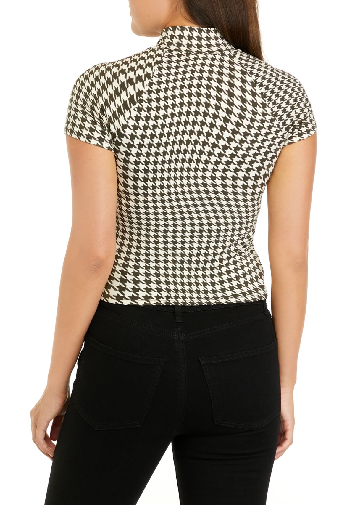 Juniors Short Sleeve Mock Neck Front Cut Out Top