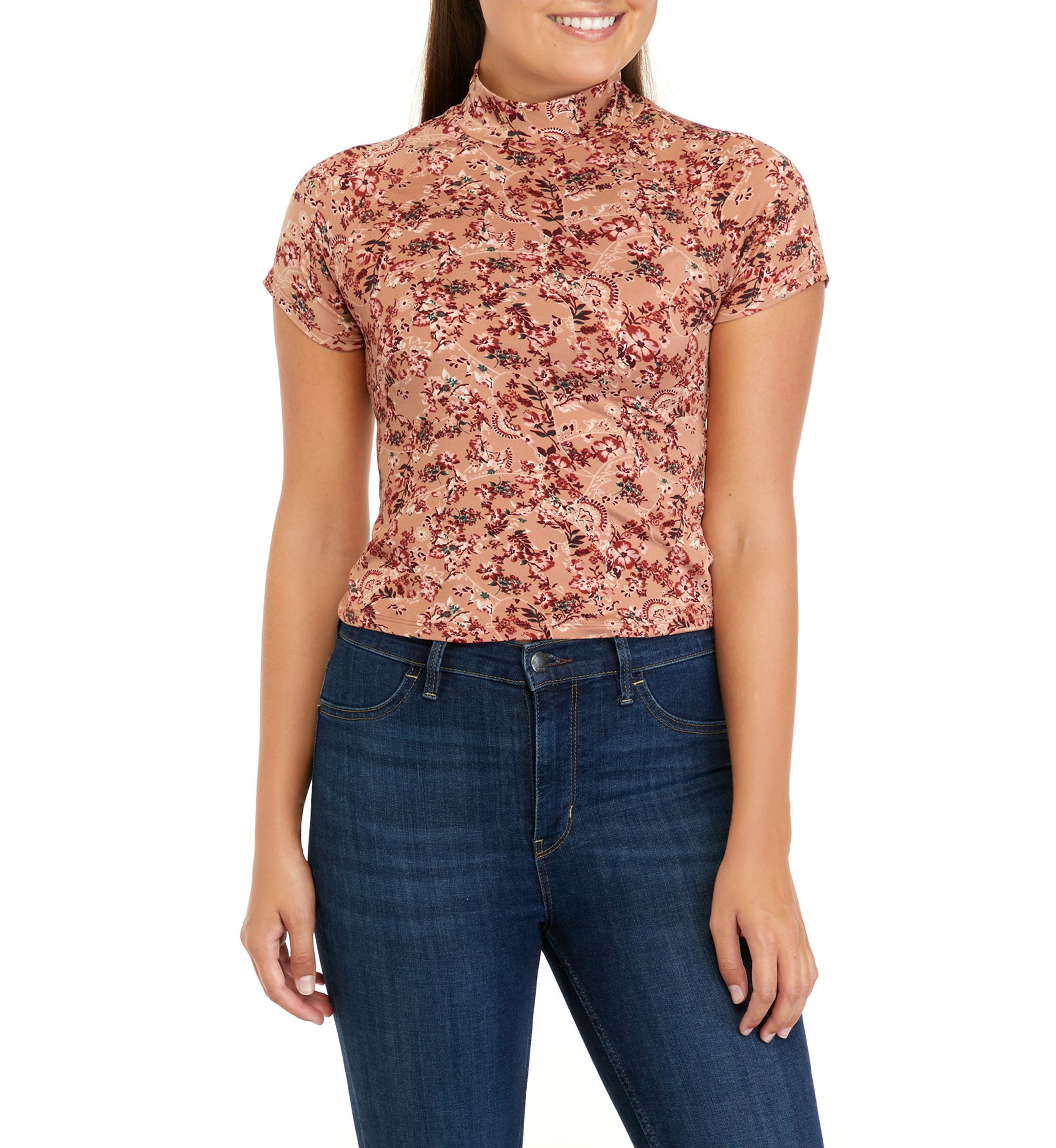 Juniors Cap Sleeve Mock Neck Floral Top with Front Cutouts 