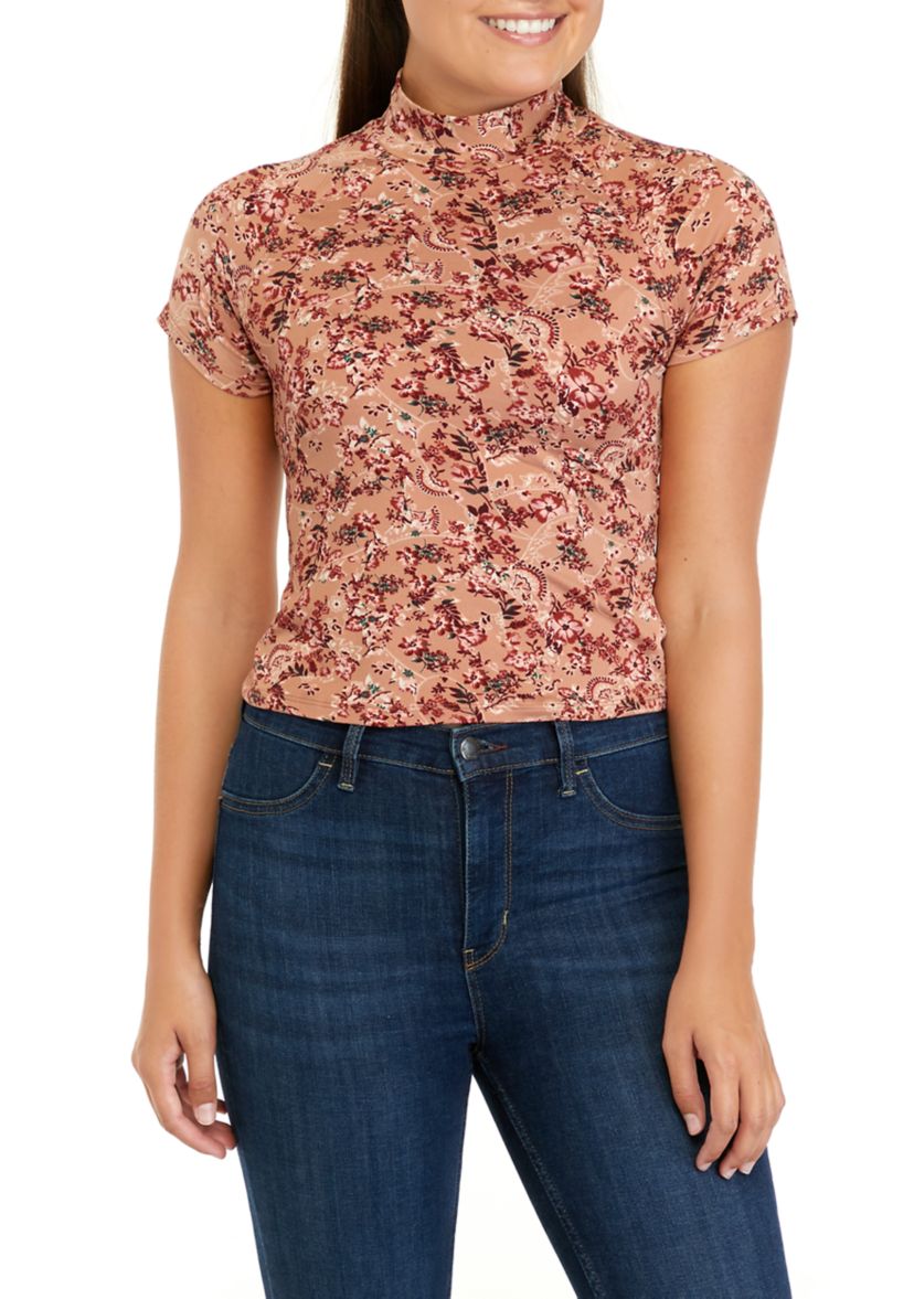 Juniors Cap Sleeve Mock Neck Floral Top with Front Cutouts 