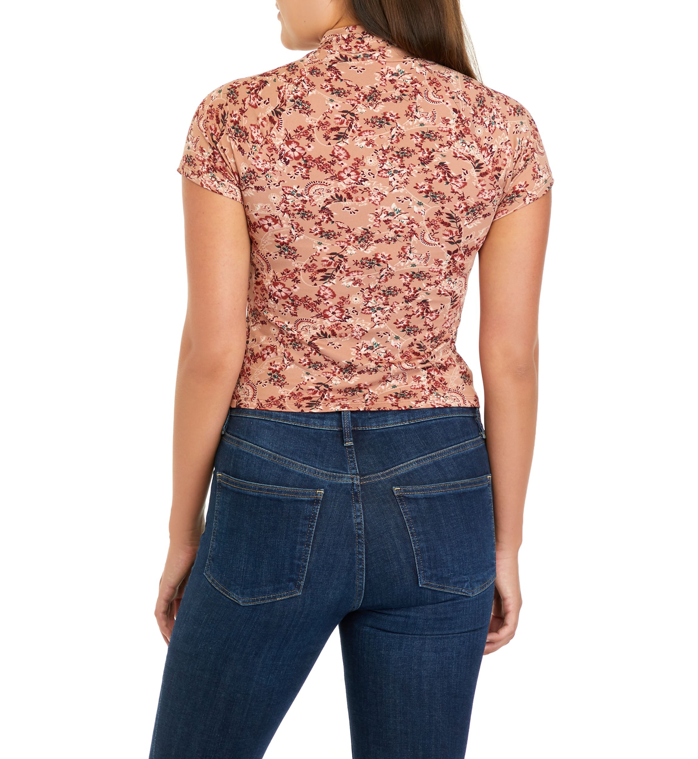 Juniors Cap Sleeve Mock Neck Floral Top with Front Cutouts 