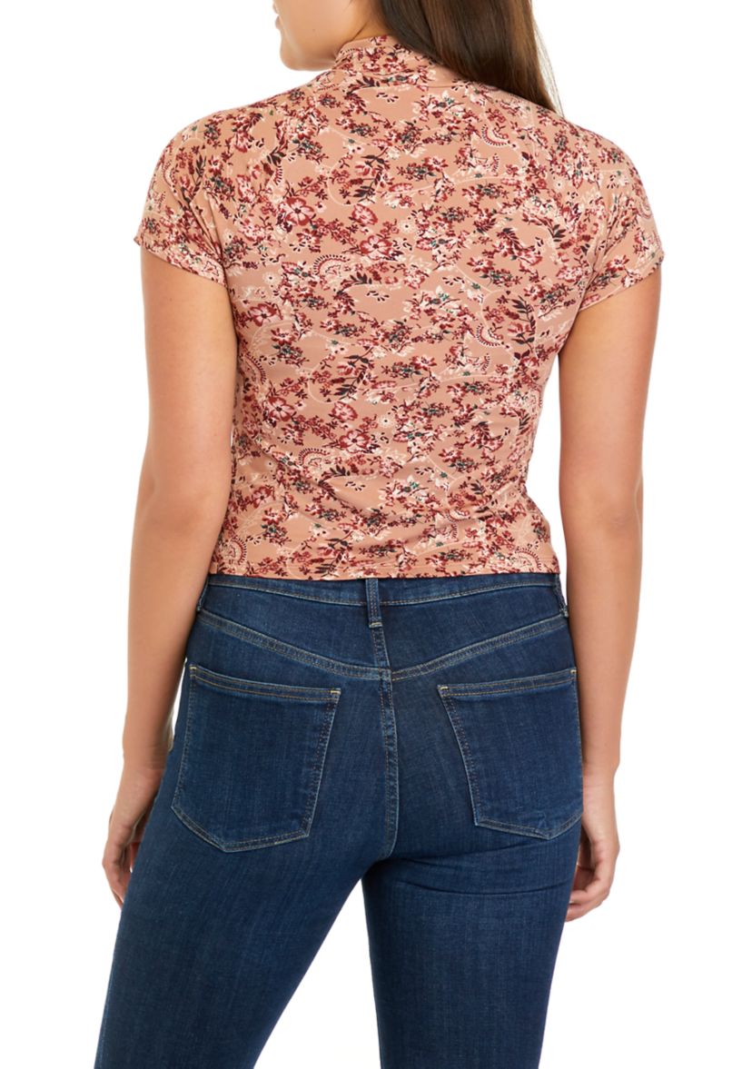 Juniors Cap Sleeve Mock Neck Floral Top with Front Cutouts 