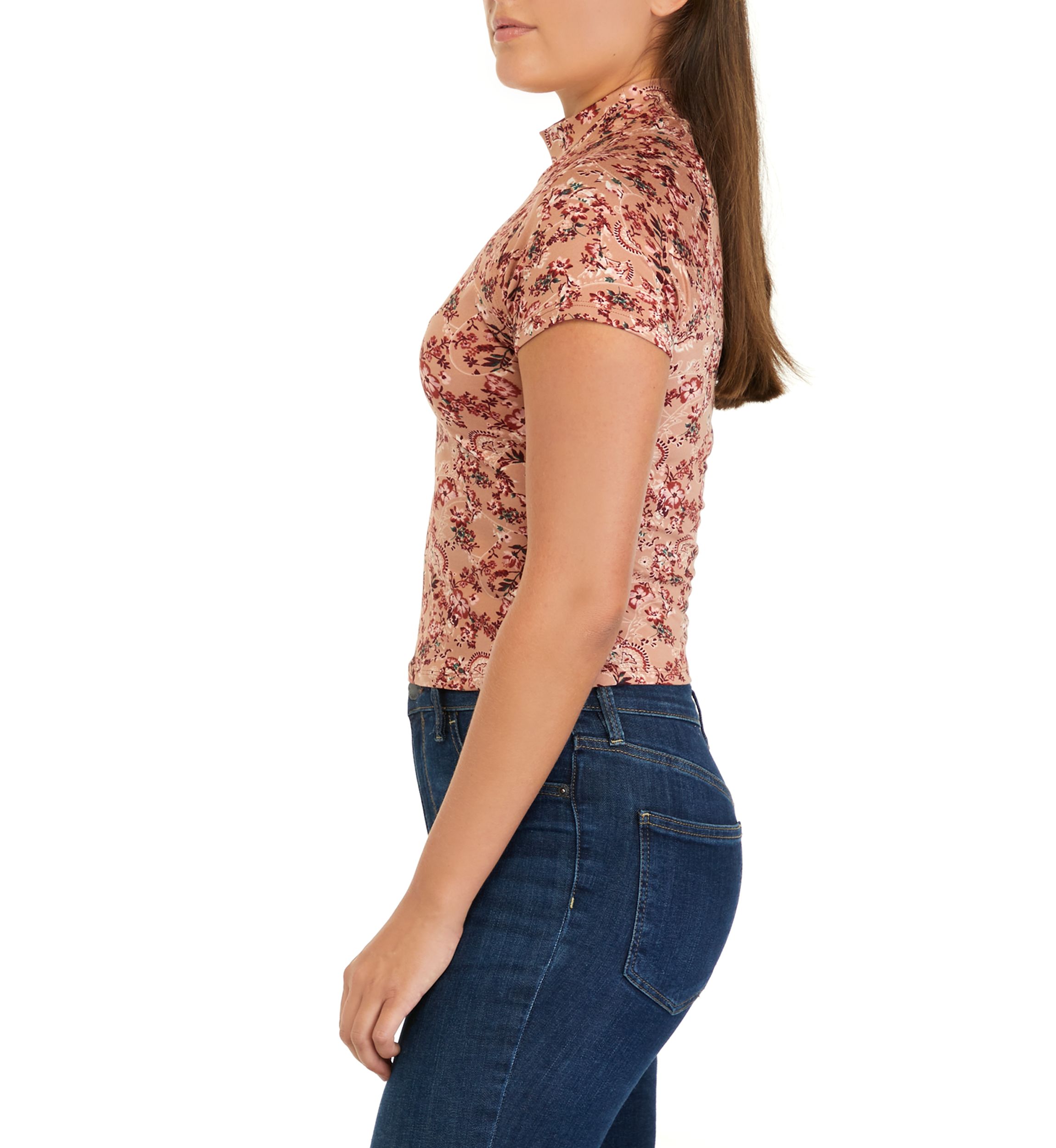 Juniors Cap Sleeve Mock Neck Floral Top with Front Cutouts 