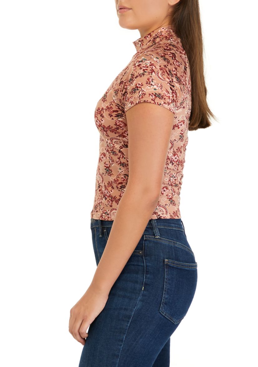Juniors Cap Sleeve Mock Neck Floral Top with Front Cutouts 