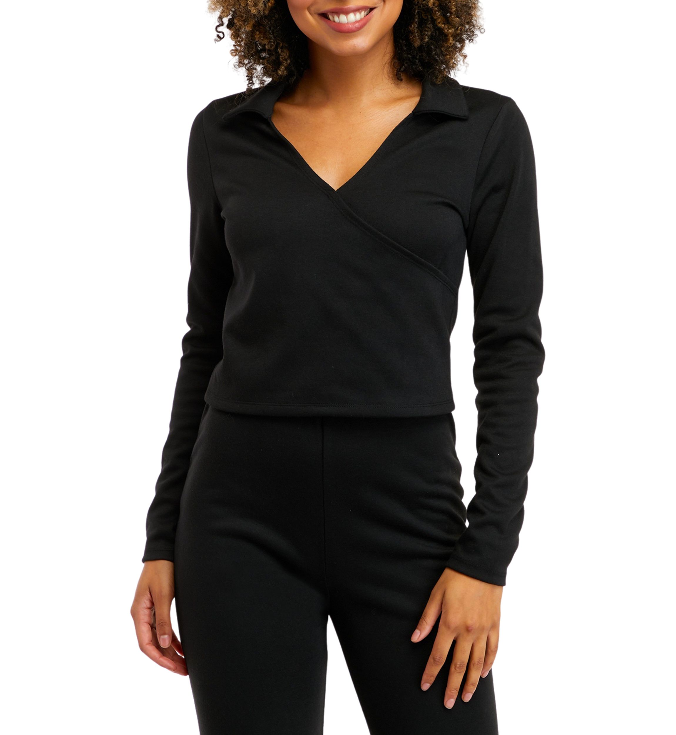 Juniors Long Sleeve Double Knit Collared Top