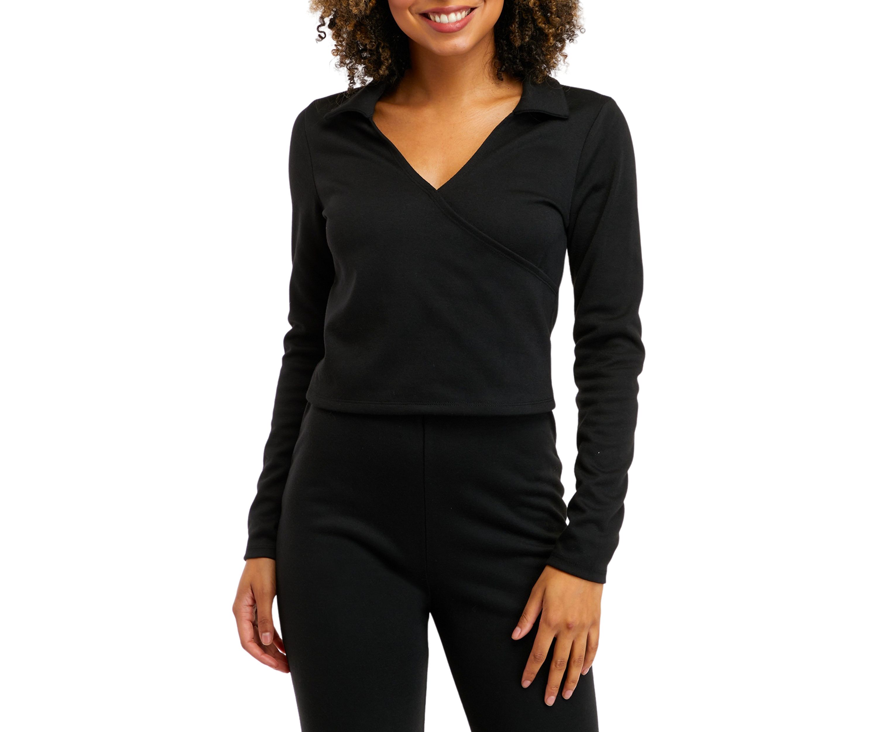 Juniors Long Sleeve Double Knit Collared Top