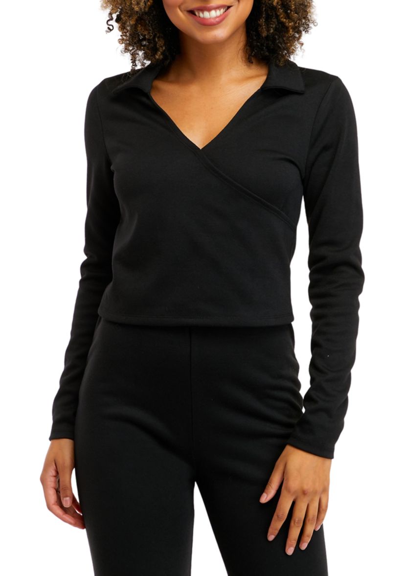 Juniors Long Sleeve Double Knit Collared Top