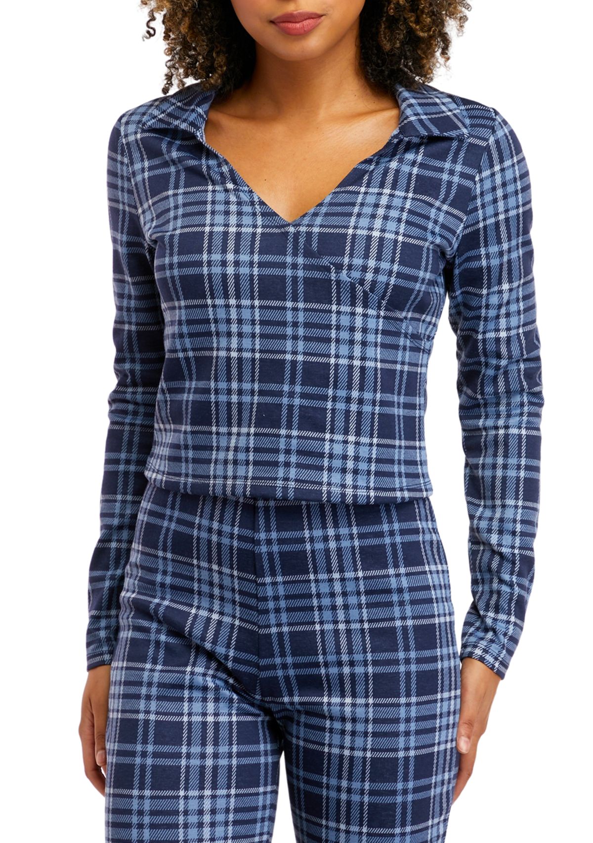 Juniors Long Sleeve Double Knit Collared Top