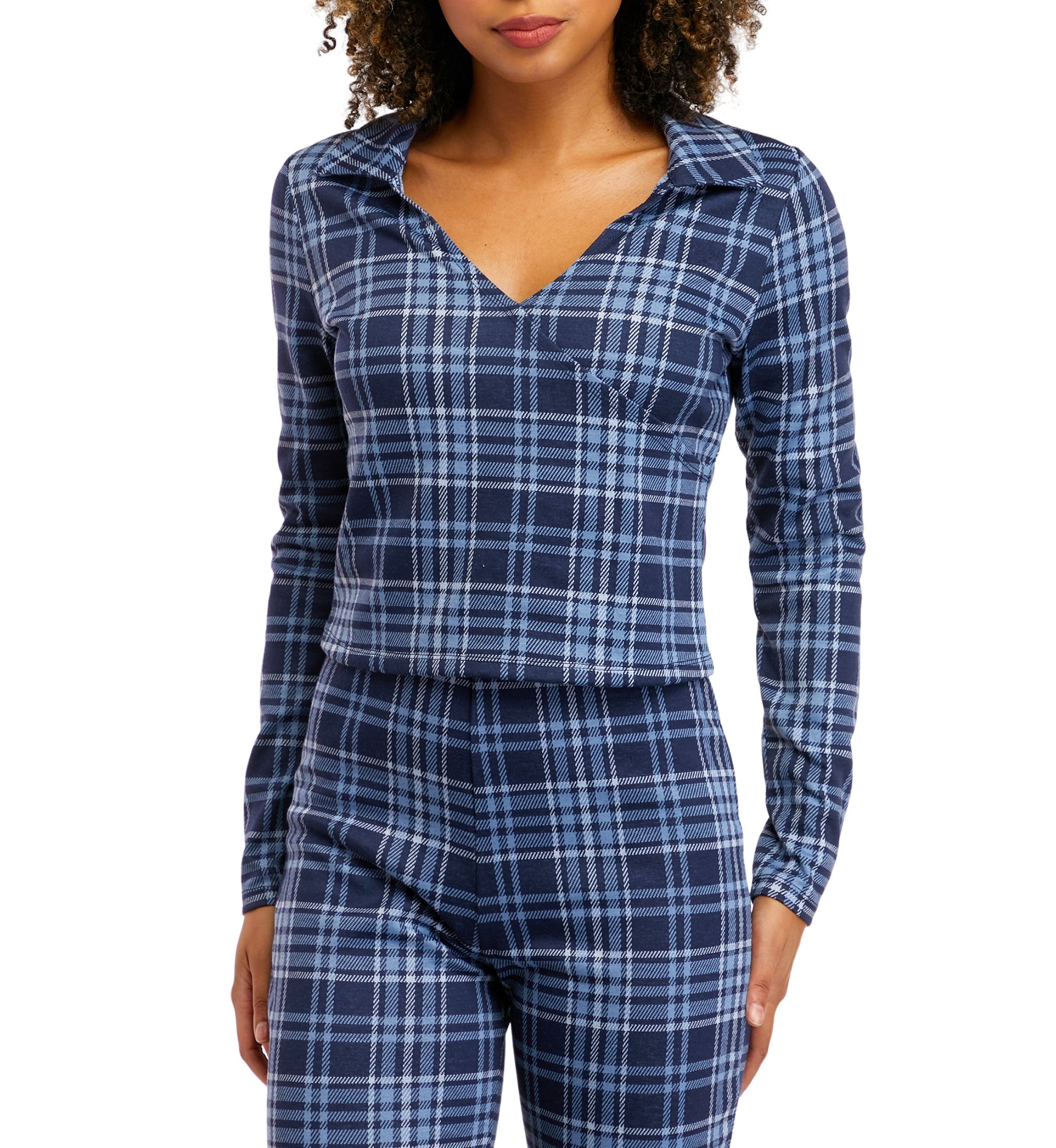 Juniors Long Sleeve Double Knit Collared Top