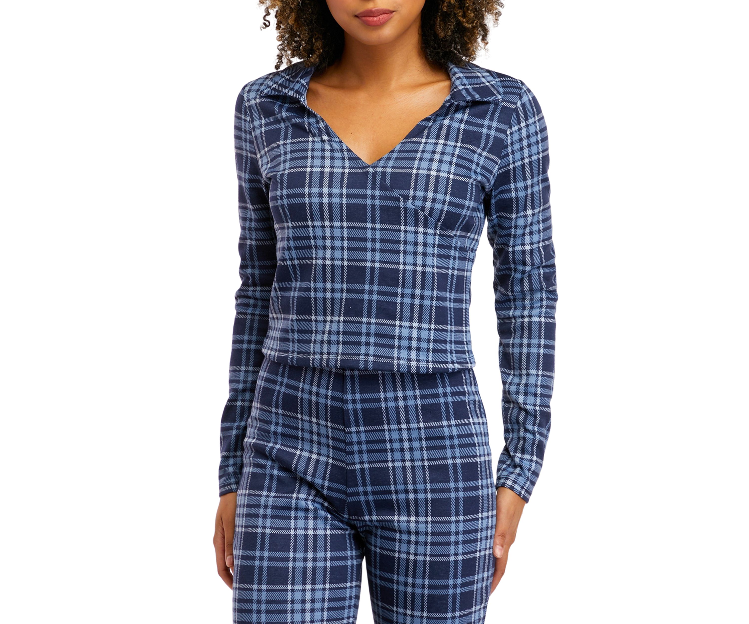Juniors Long Sleeve Double Knit Collared Top