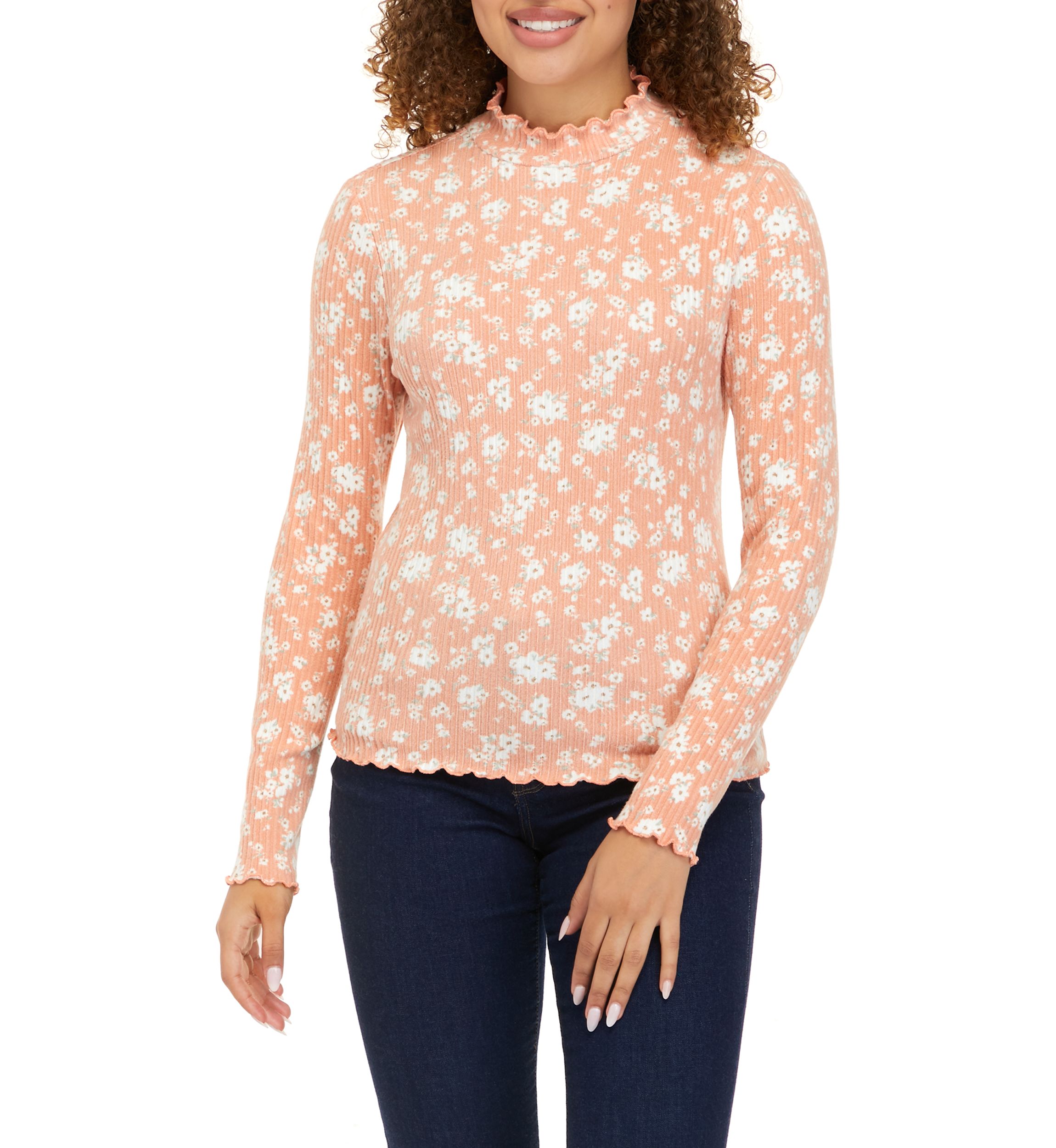 Juniors Long Sleeve Lettuce Edge Mock Floral Tiny Top