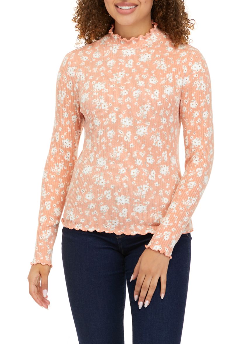 Juniors Long Sleeve Lettuce Edge Mock Floral Tiny Top