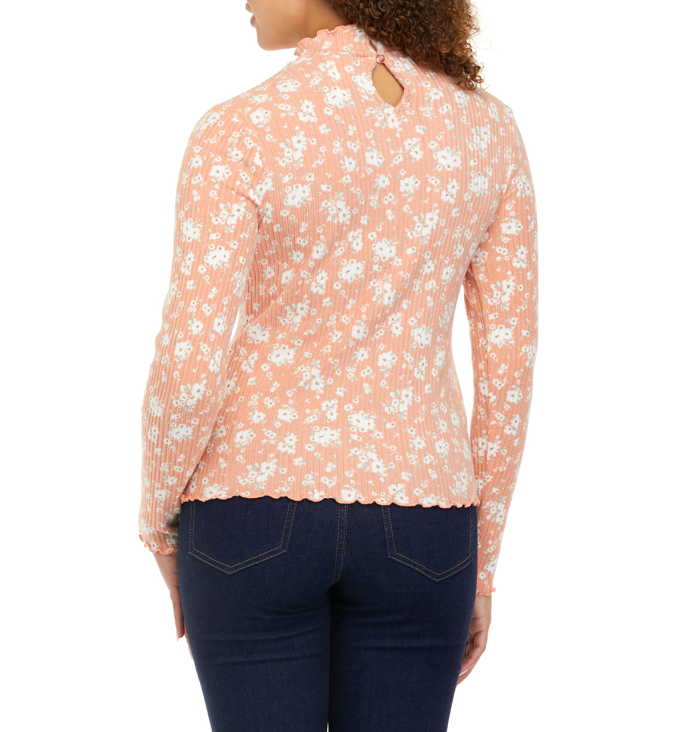 Juniors Long Sleeve Lettuce Edge Mock Floral Tiny Top
