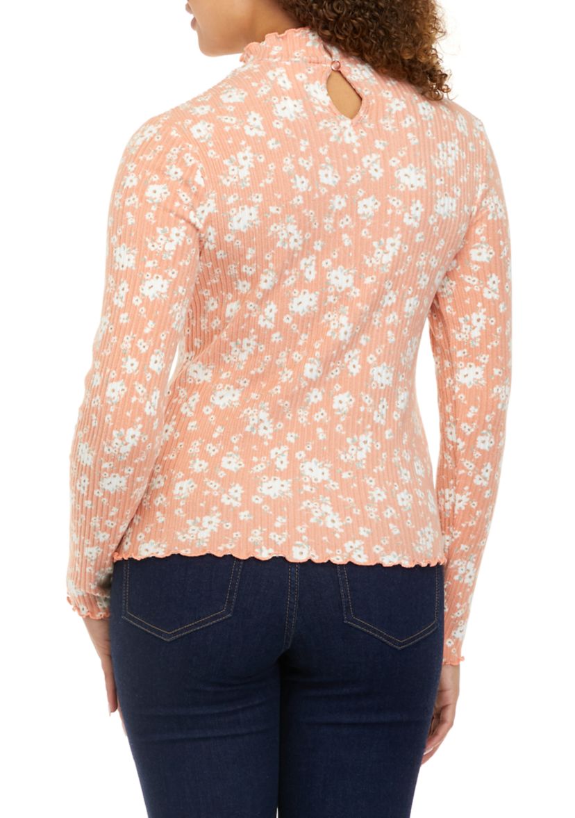 Juniors Long Sleeve Lettuce Edge Mock Floral Tiny Top