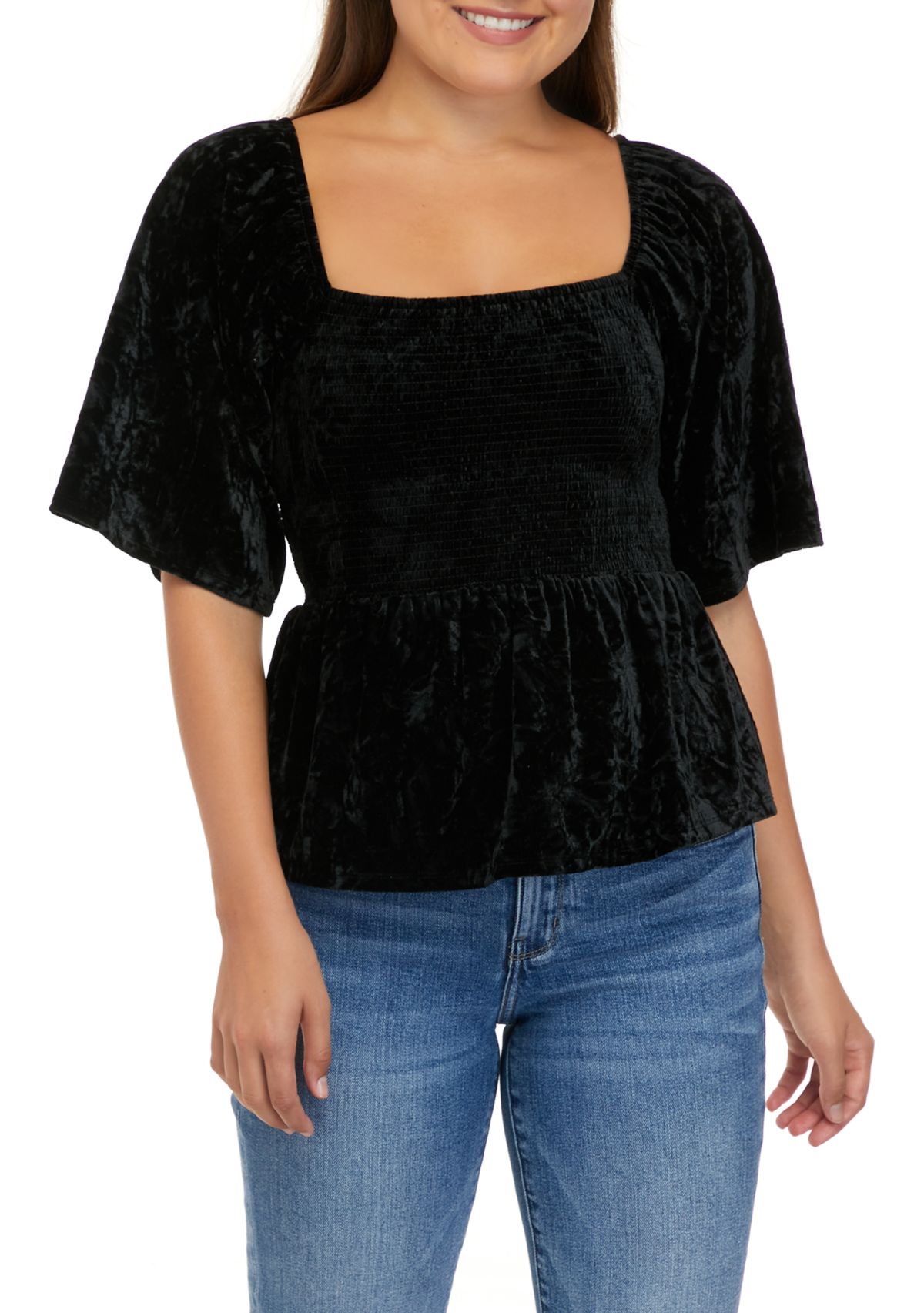 Juniors Short Sleeve Smocked Velvet Top
