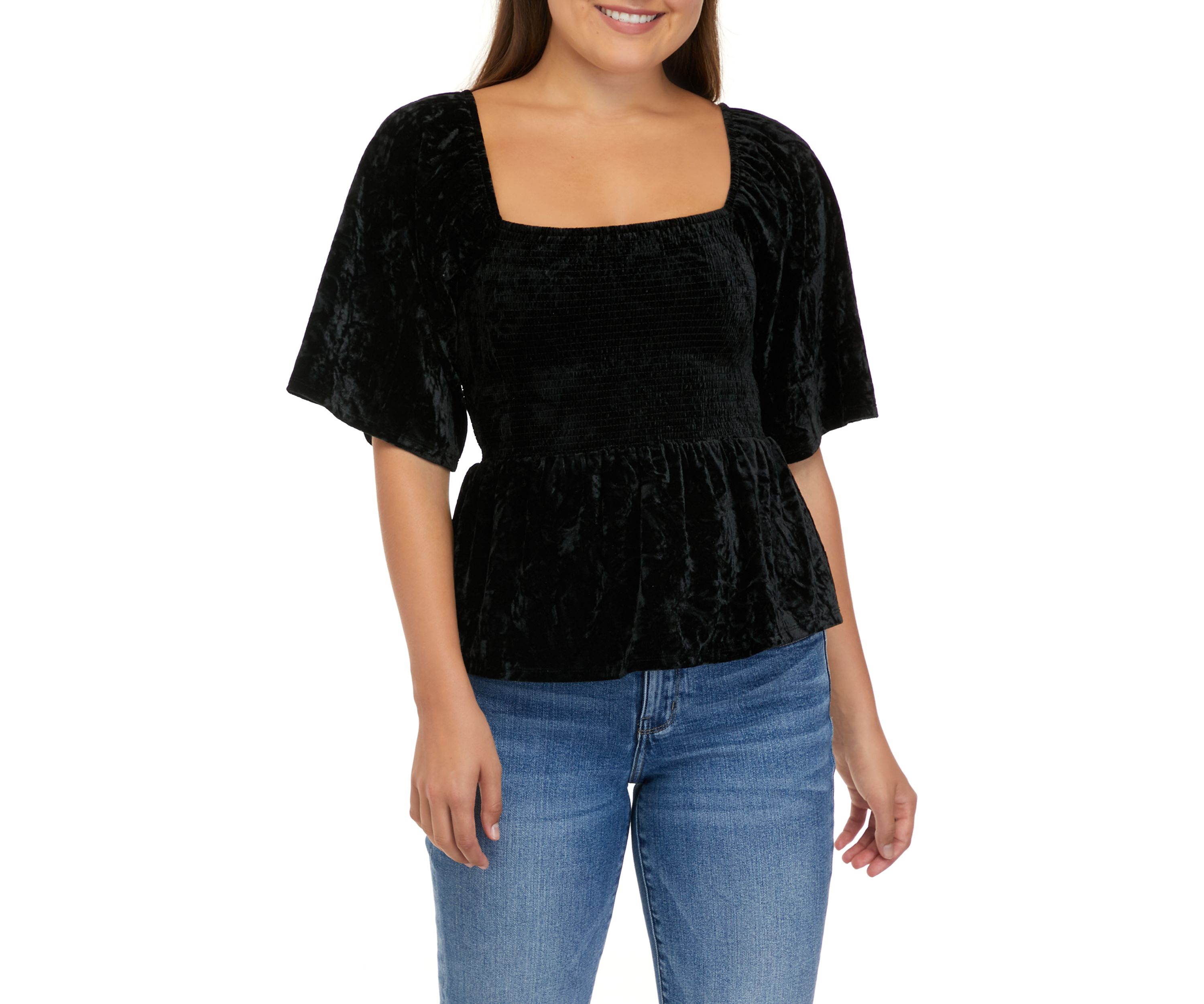 Juniors Short Sleeve Smocked Velvet Top