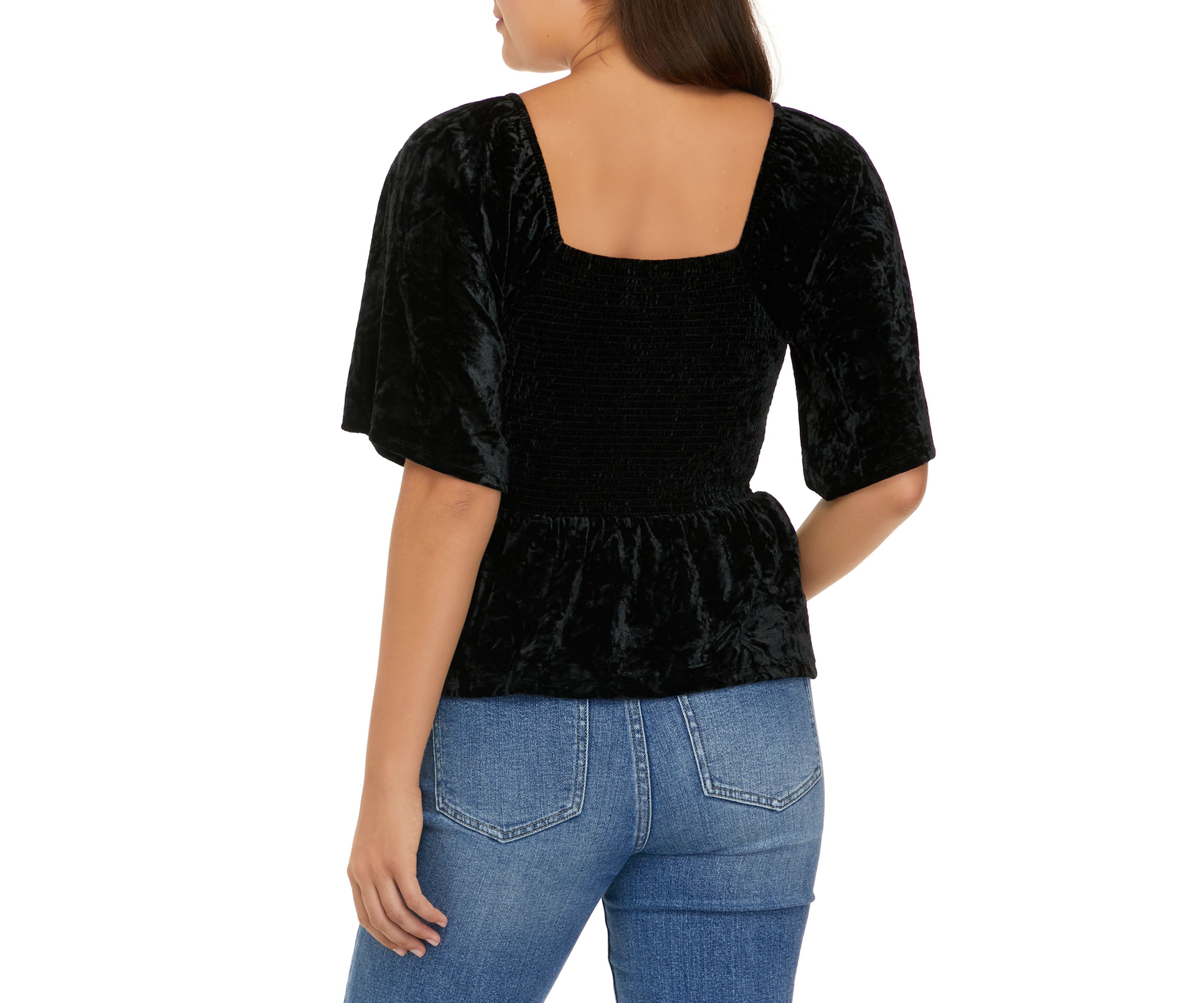 Juniors Short Sleeve Smocked Velvet Top