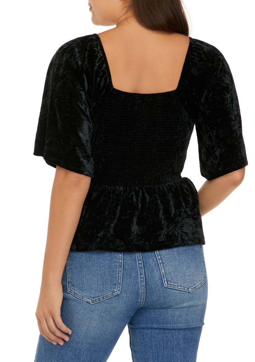 Juniors Short Sleeve Smocked Velvet Top