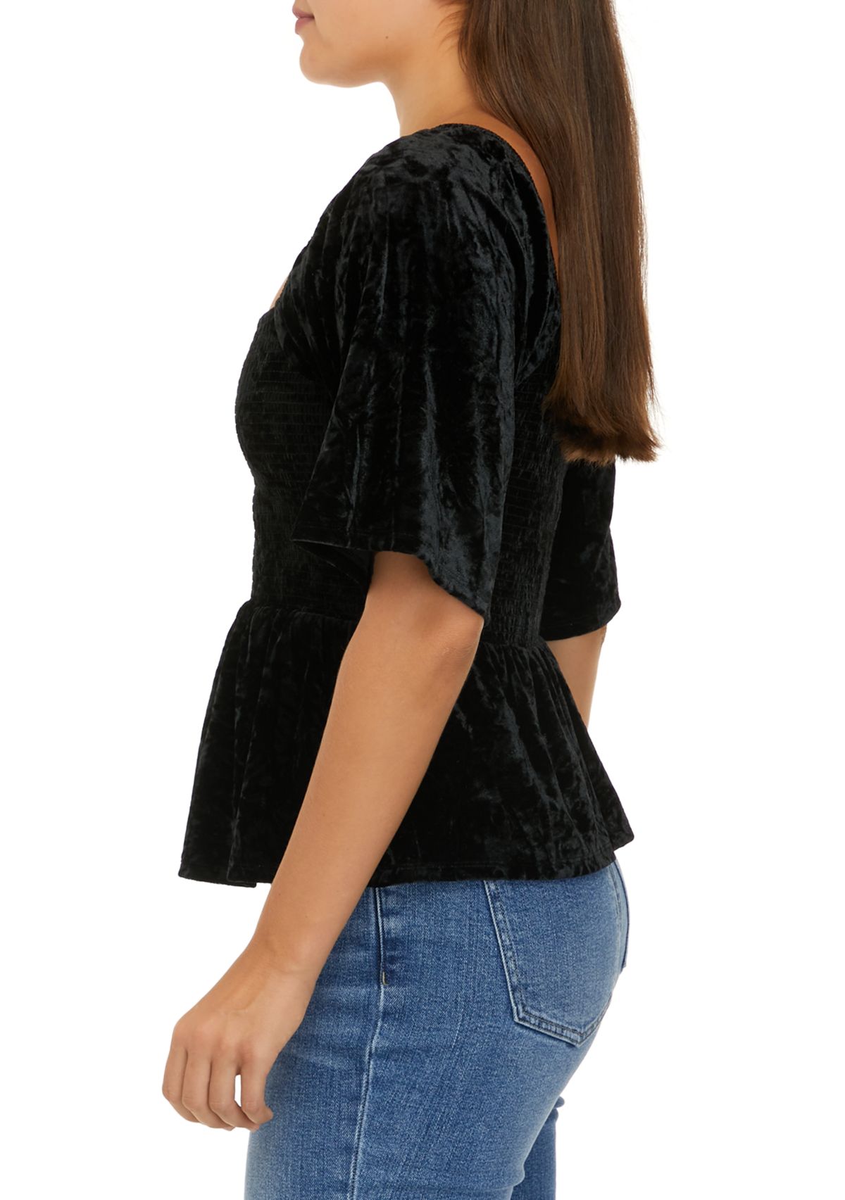 Juniors Short Sleeve Smocked Velvet Top