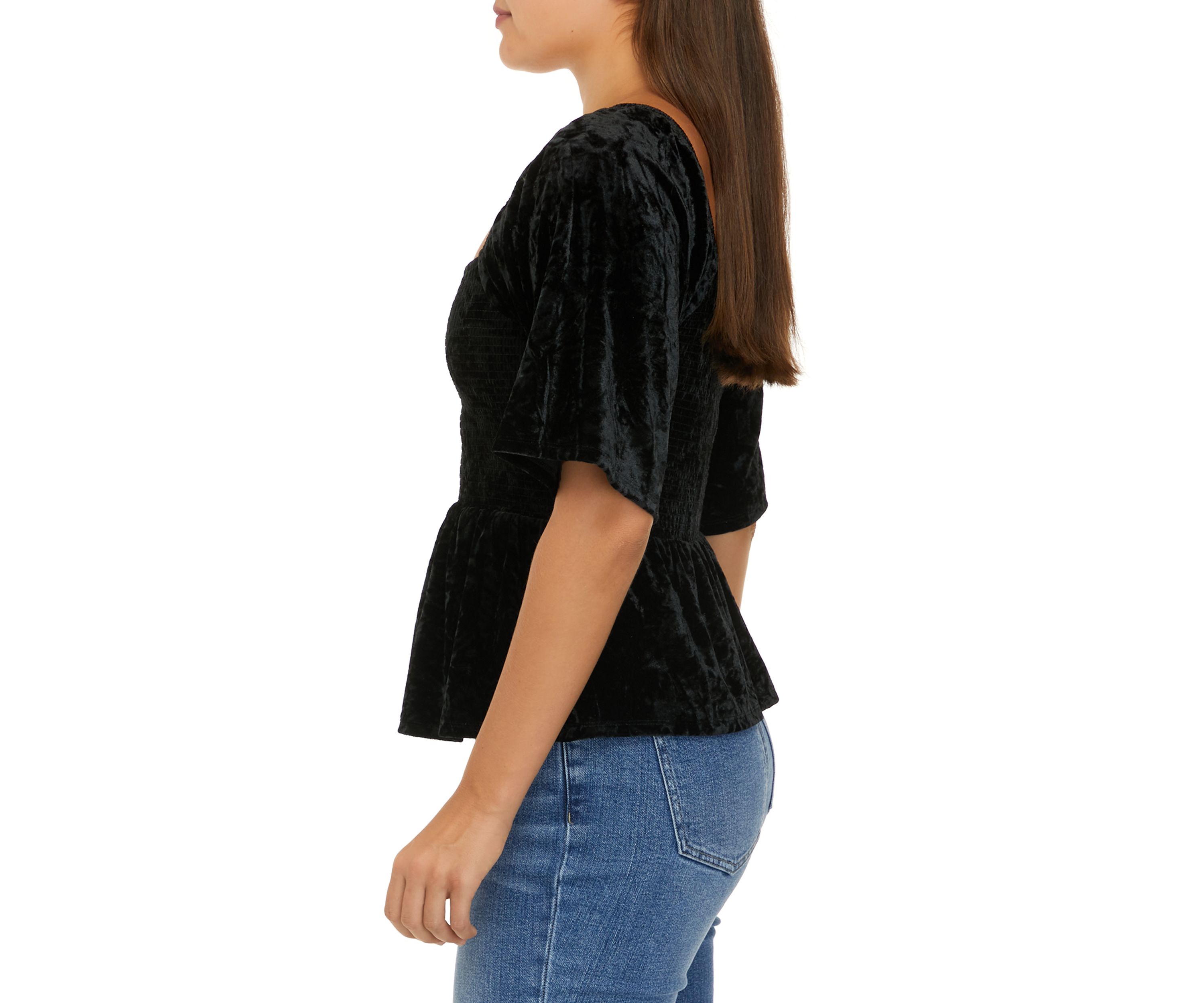 Juniors Short Sleeve Smocked Velvet Top