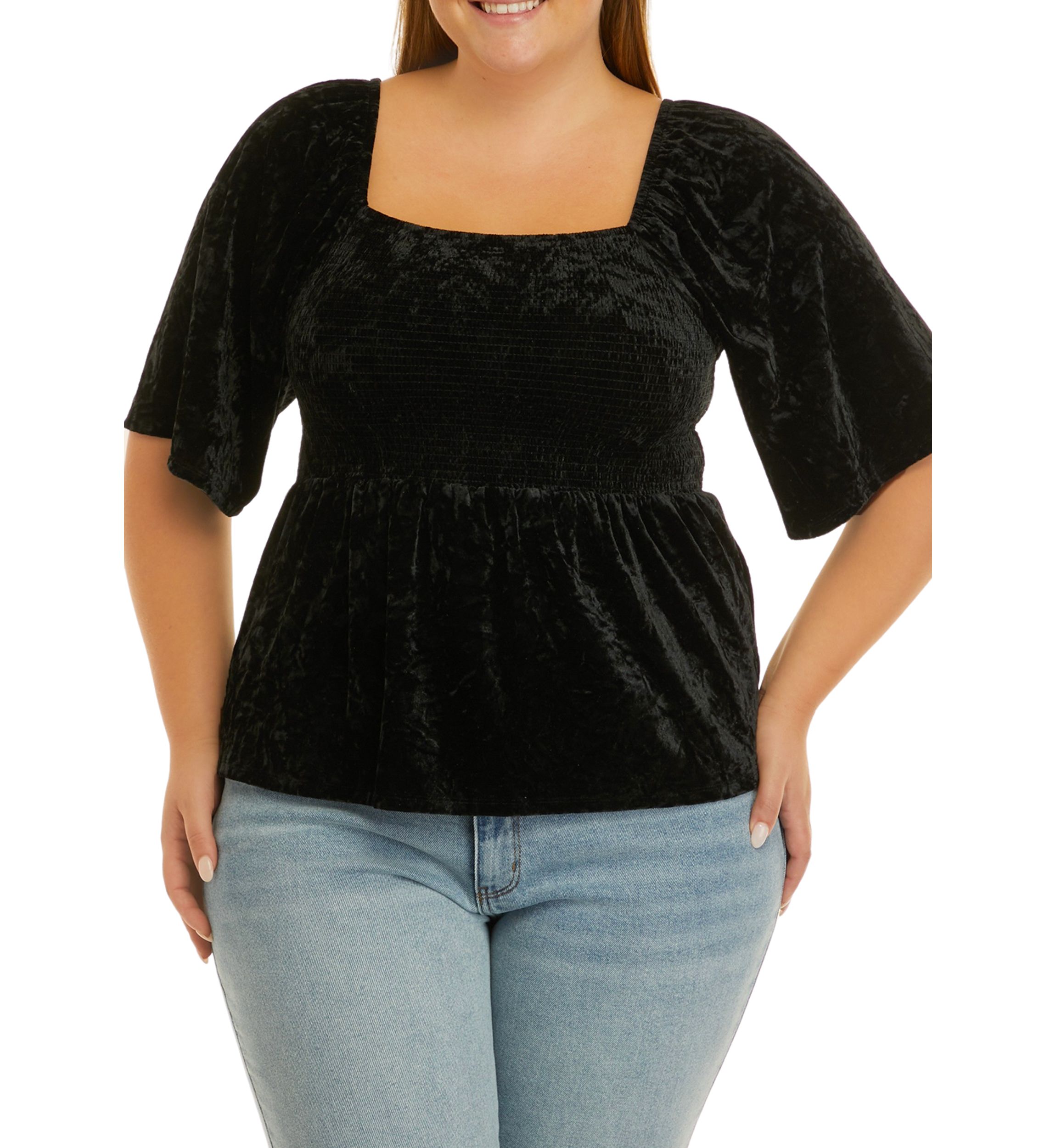 Plus Size Elbow Sleeve Smocked Velvet Top