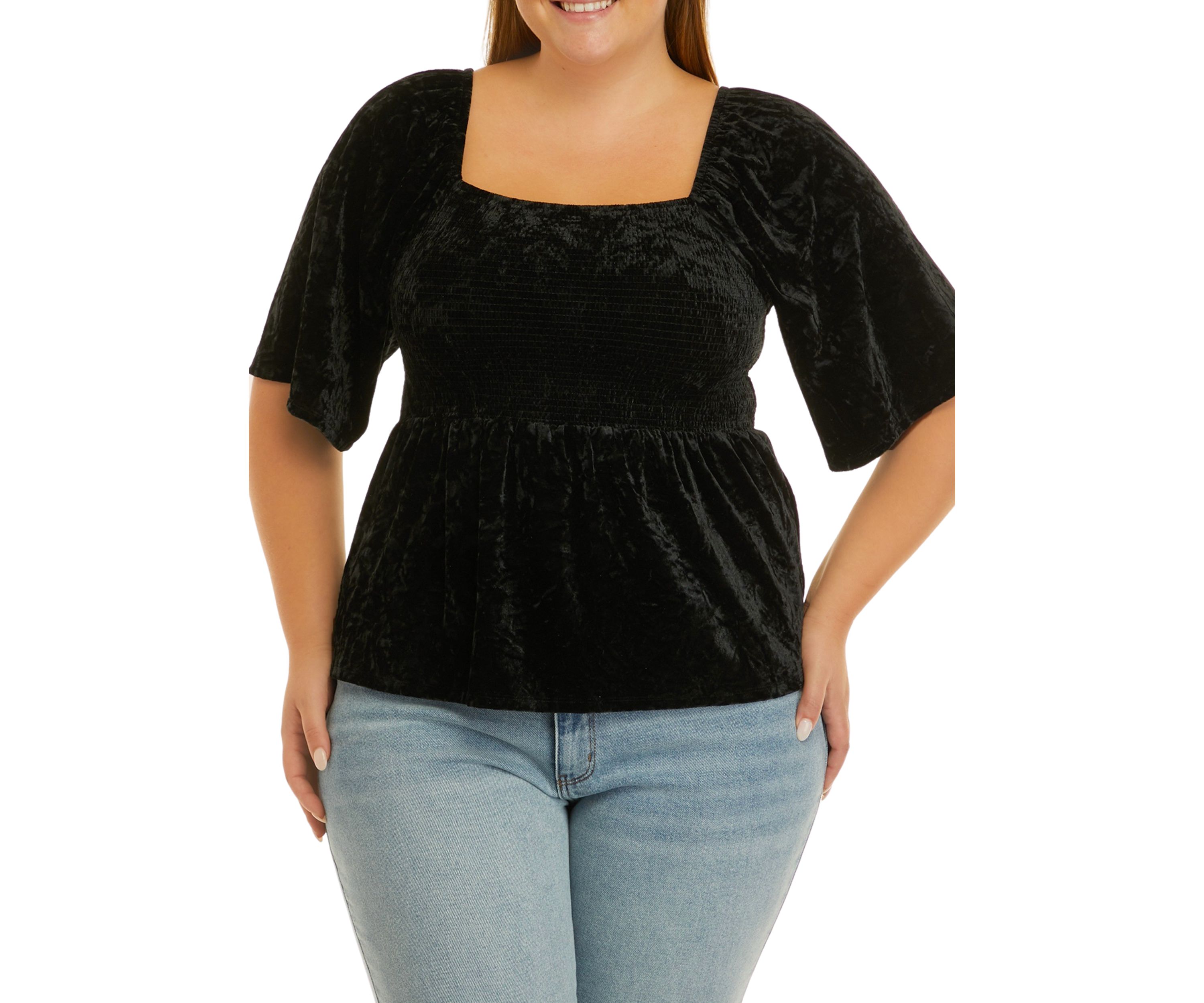 Plus Size Elbow Sleeve Smocked Velvet Top