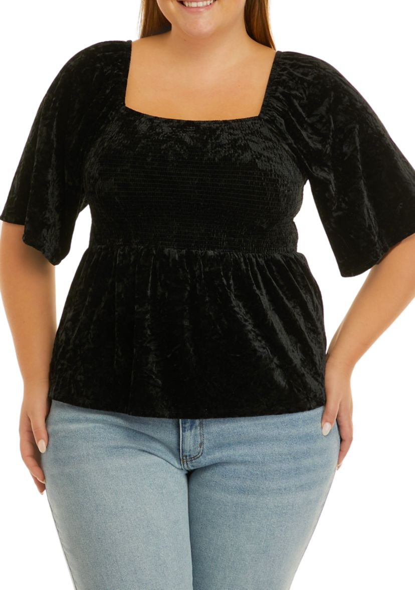 Plus Size Elbow Sleeve Smocked Velvet Top