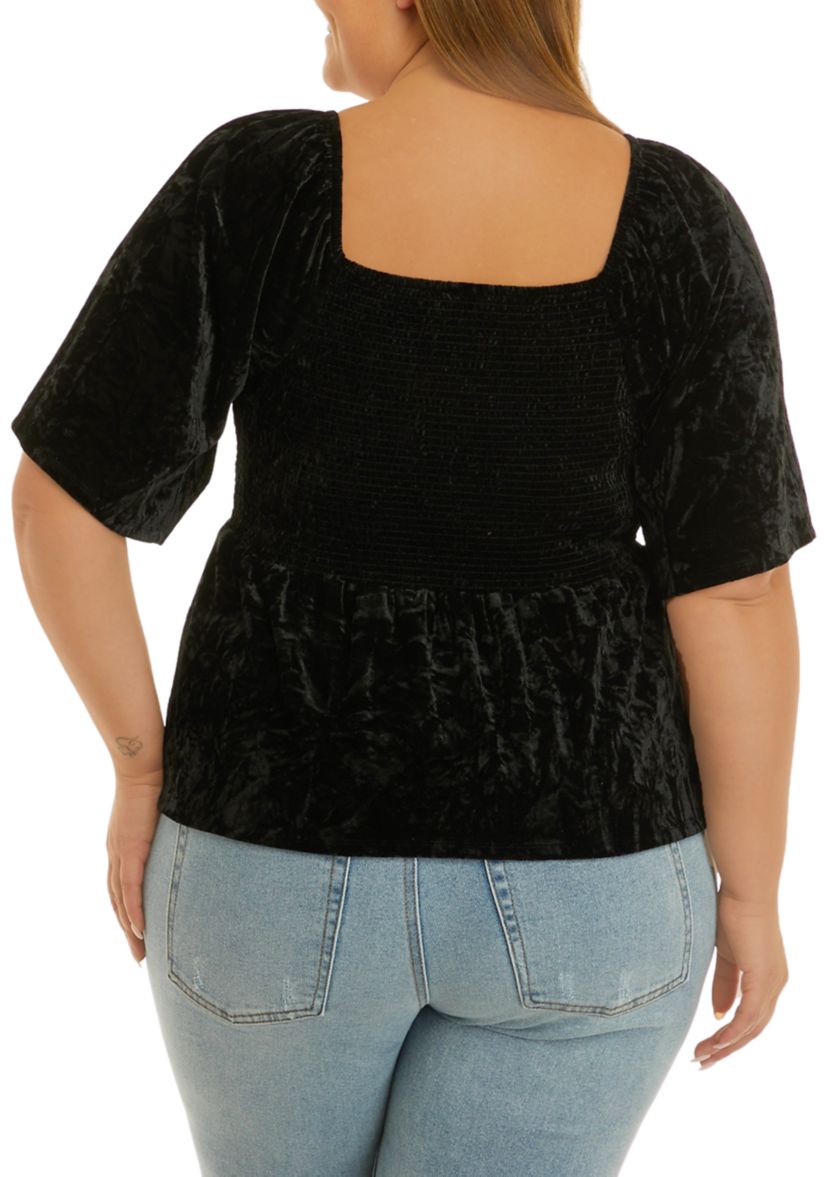 Plus Size Elbow Sleeve Smocked Velvet Top