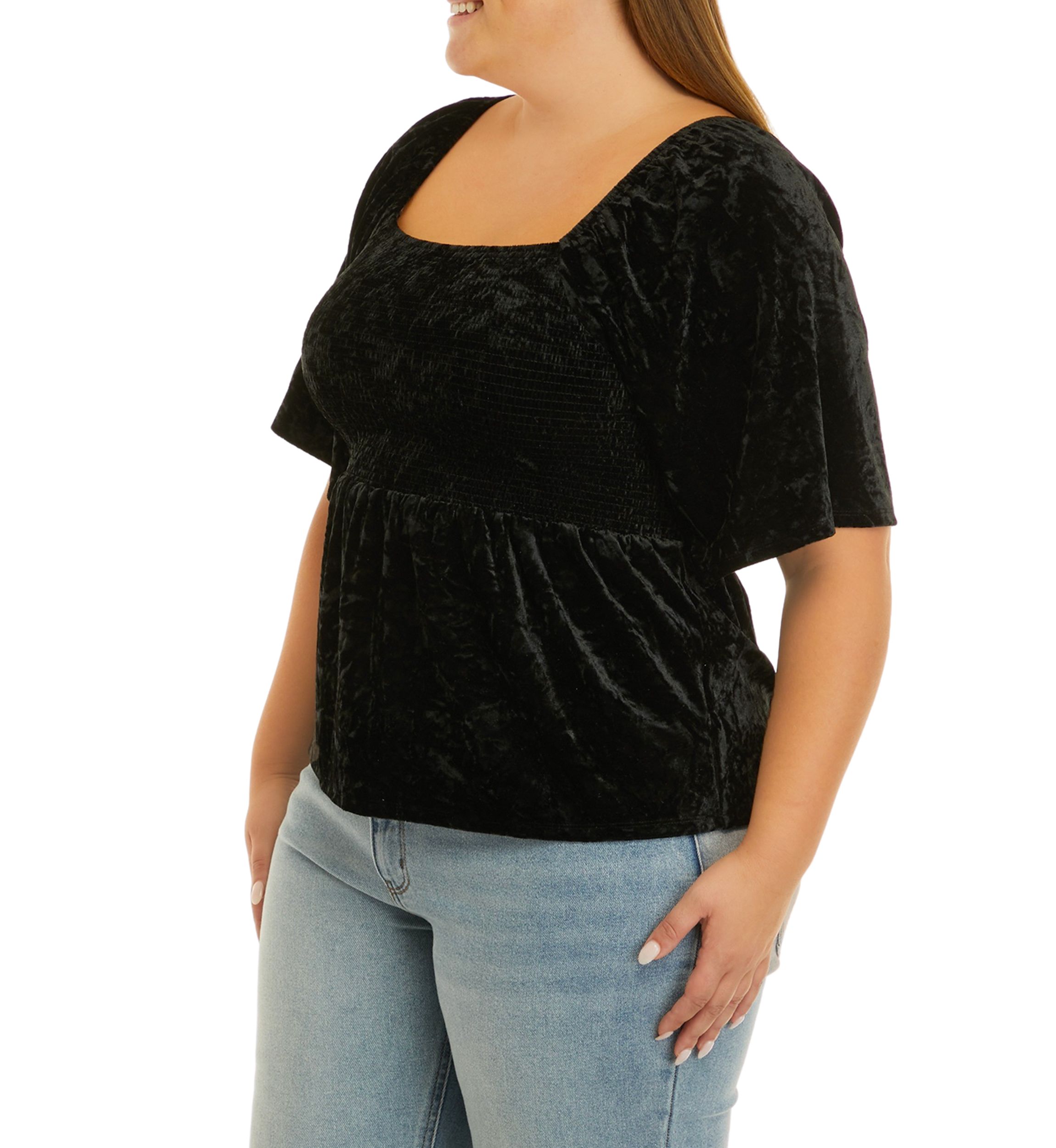 Plus Size Elbow Sleeve Smocked Velvet Top
