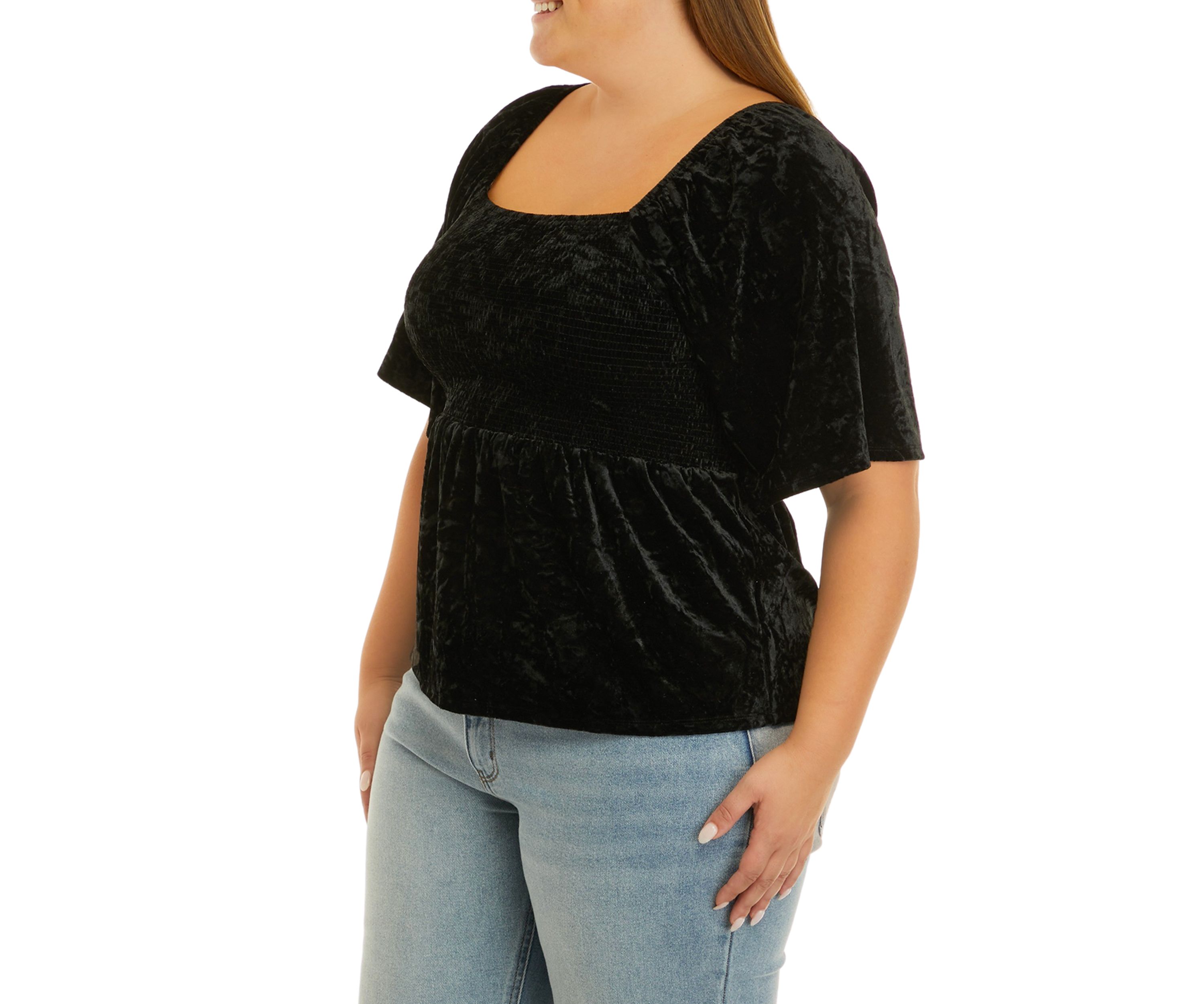 Plus Size Elbow Sleeve Smocked Velvet Top
