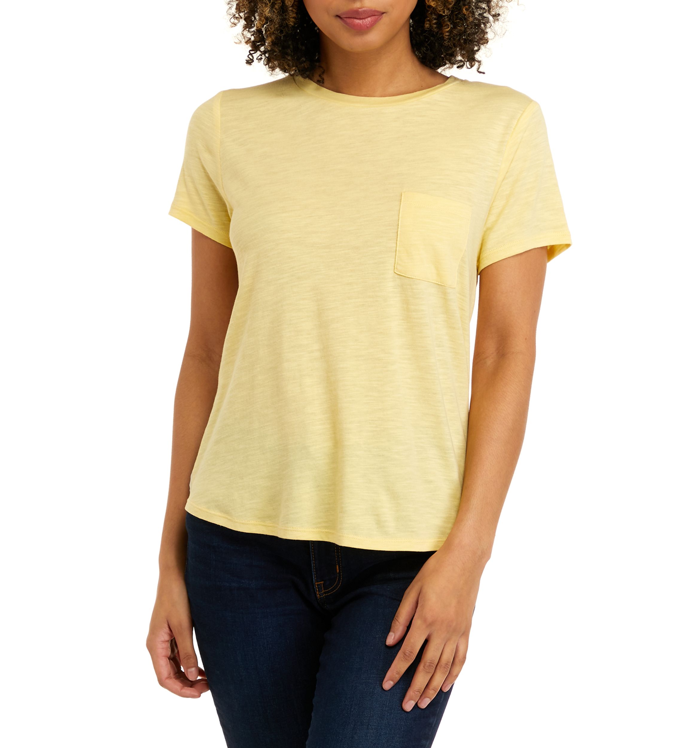 Juniors Short Sleeve Woven Back Knit Pocket T-Shirt