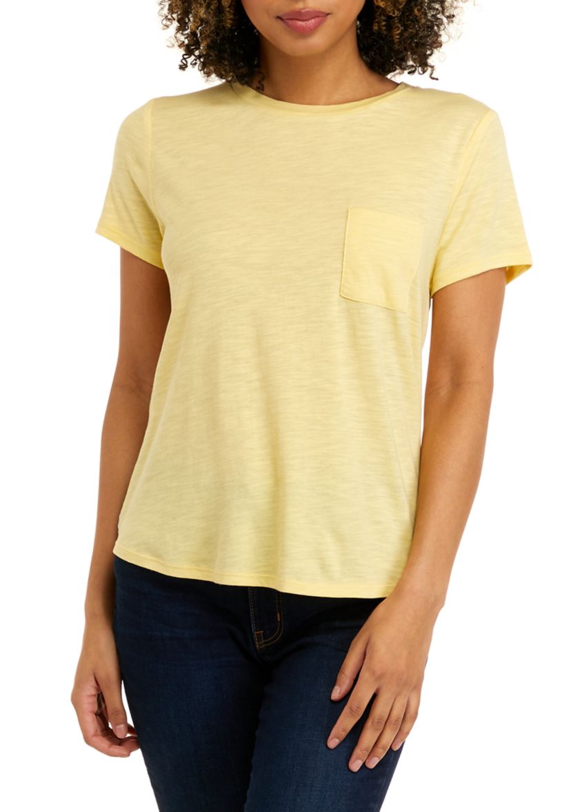 Juniors Short Sleeve Woven Back Knit Pocket T-Shirt