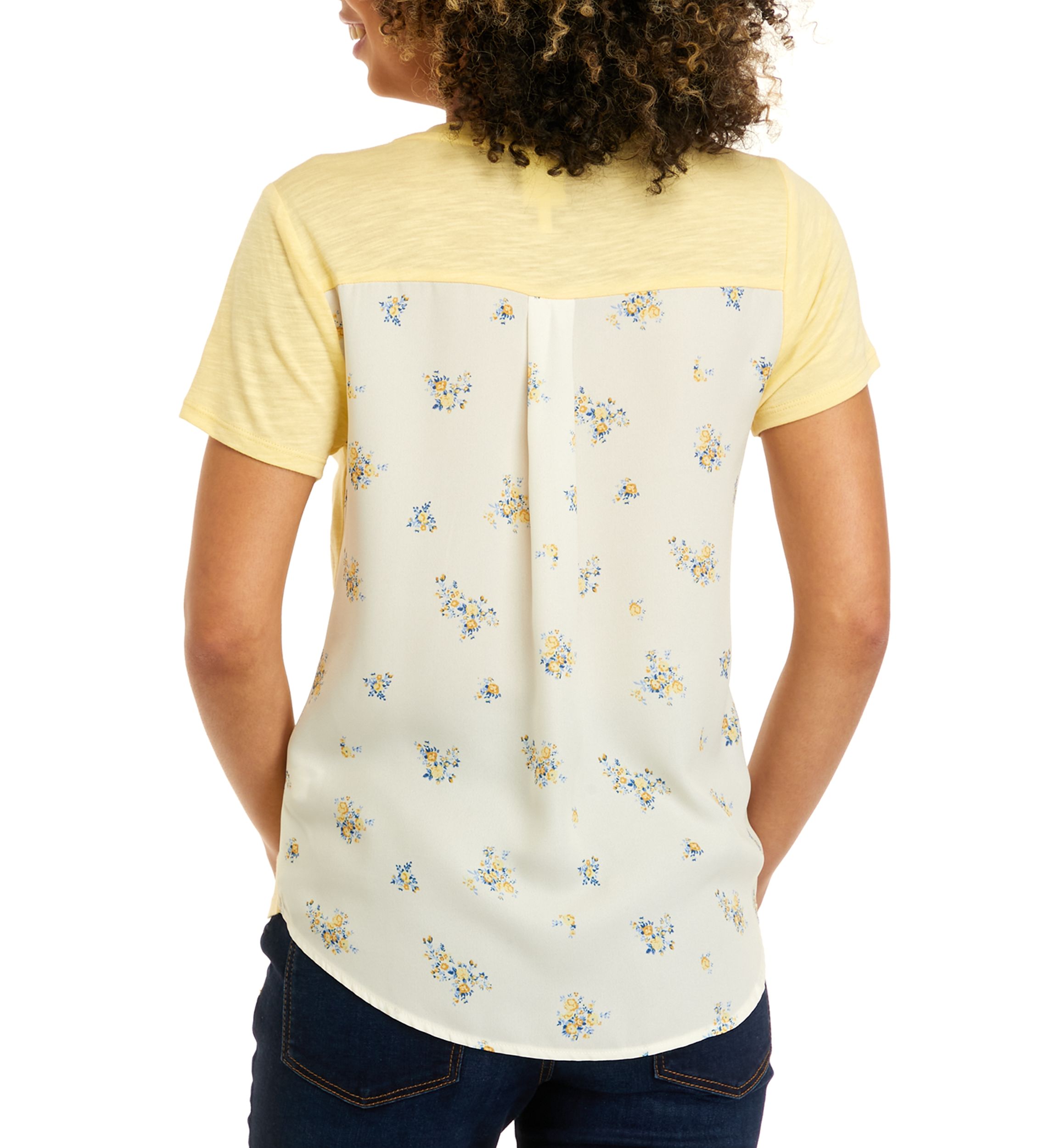 Juniors Short Sleeve Woven Back Knit Pocket T-Shirt
