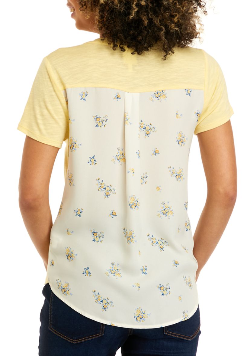 Juniors Short Sleeve Woven Back Knit Pocket T-Shirt