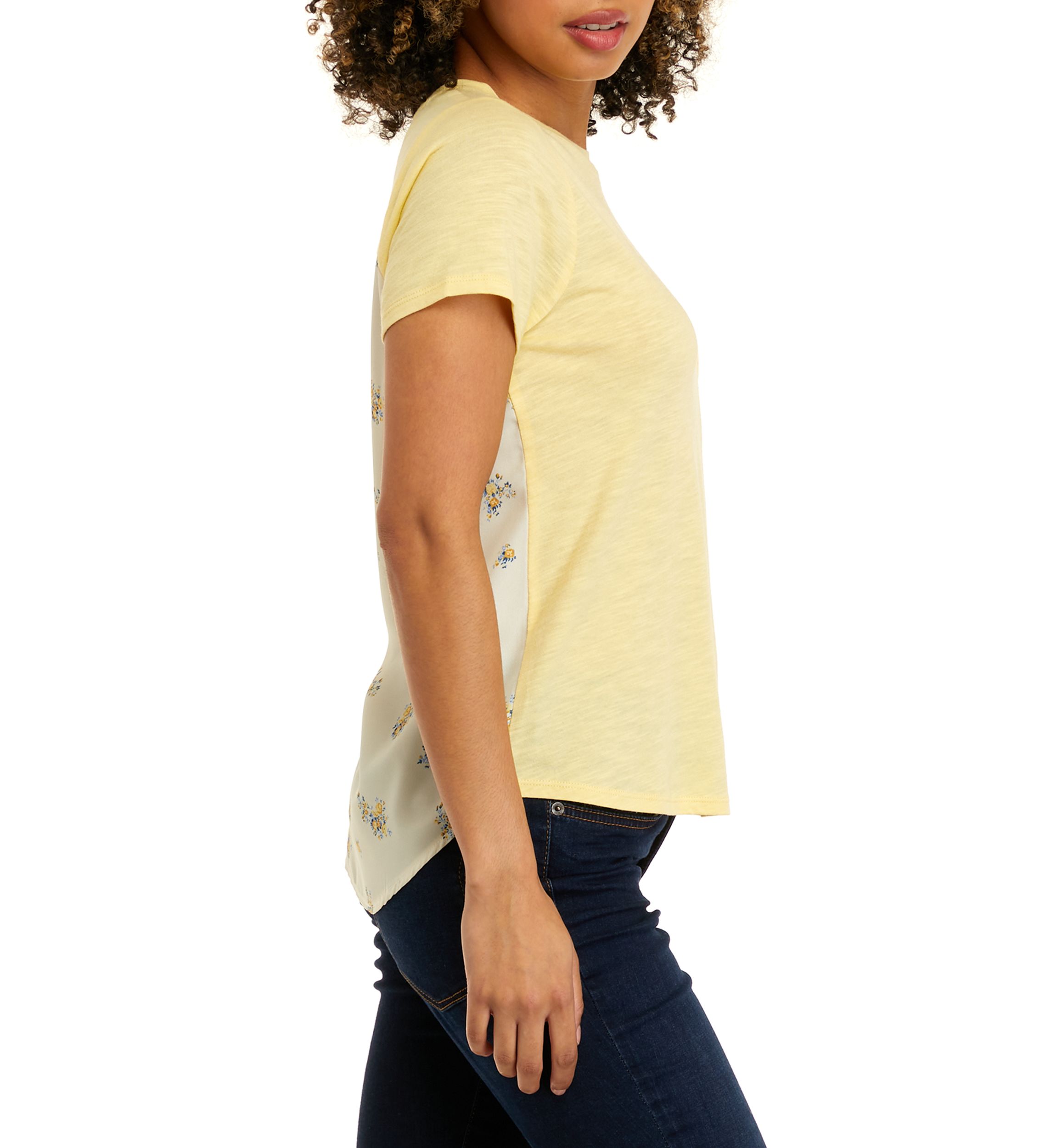 Juniors Short Sleeve Woven Back Knit Pocket T-Shirt