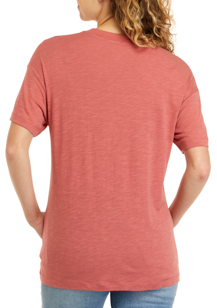 Short Sleeve Tie Front Embroidered Pocket T-Shirt