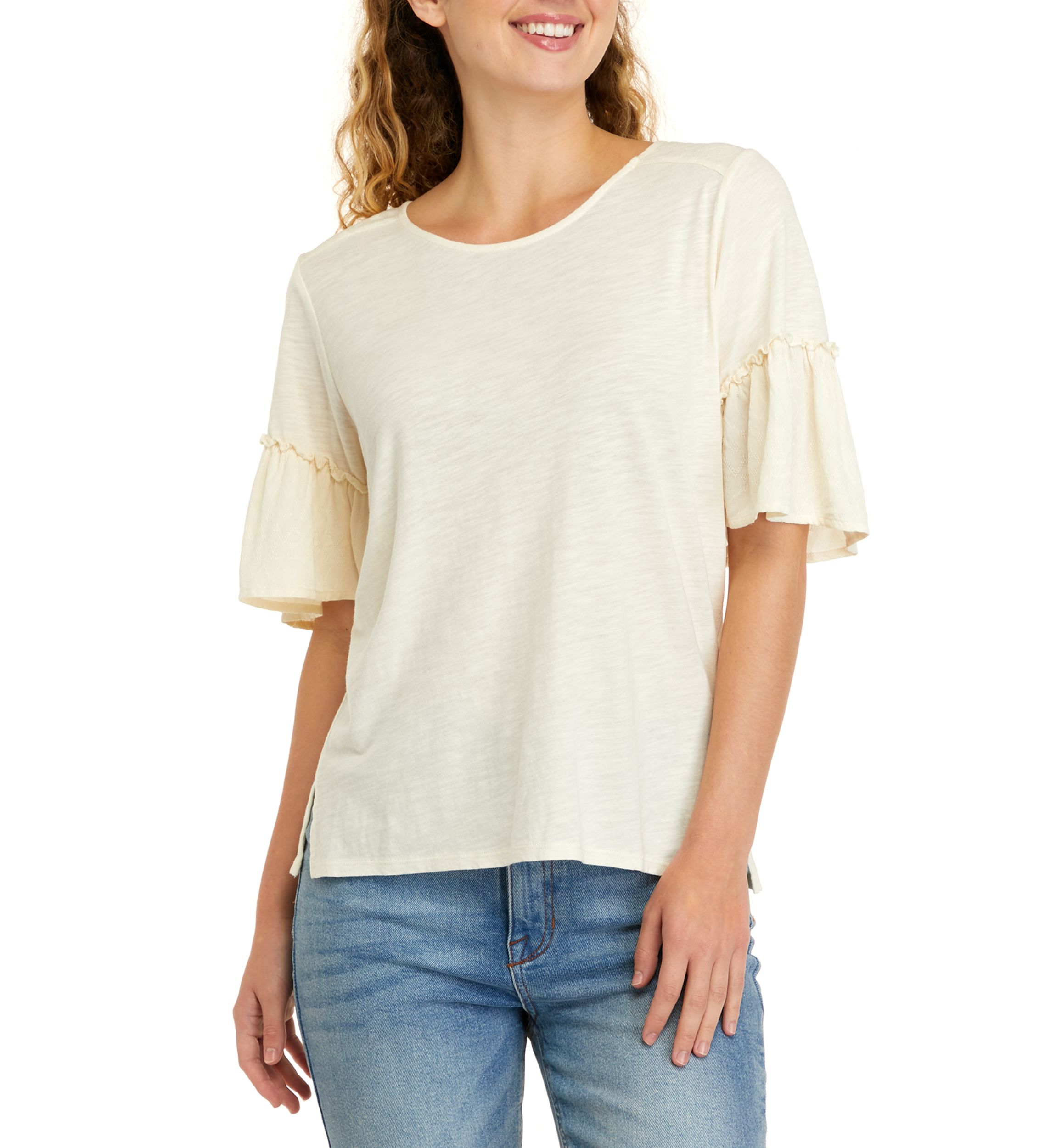 Short Sleeve Boxy Knit Woven Top