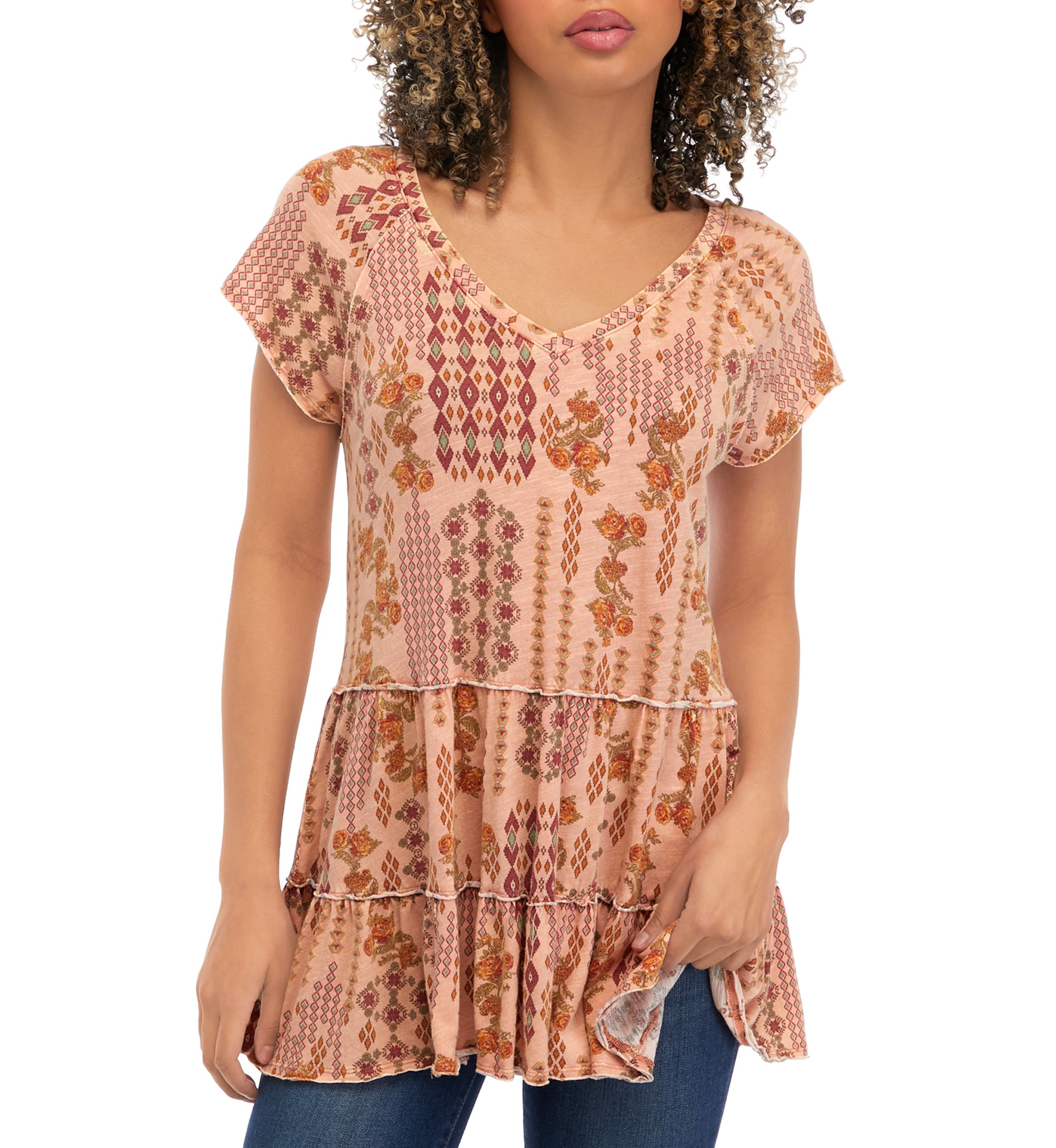 Short Sleeve V-Neck Tiered Knit Top