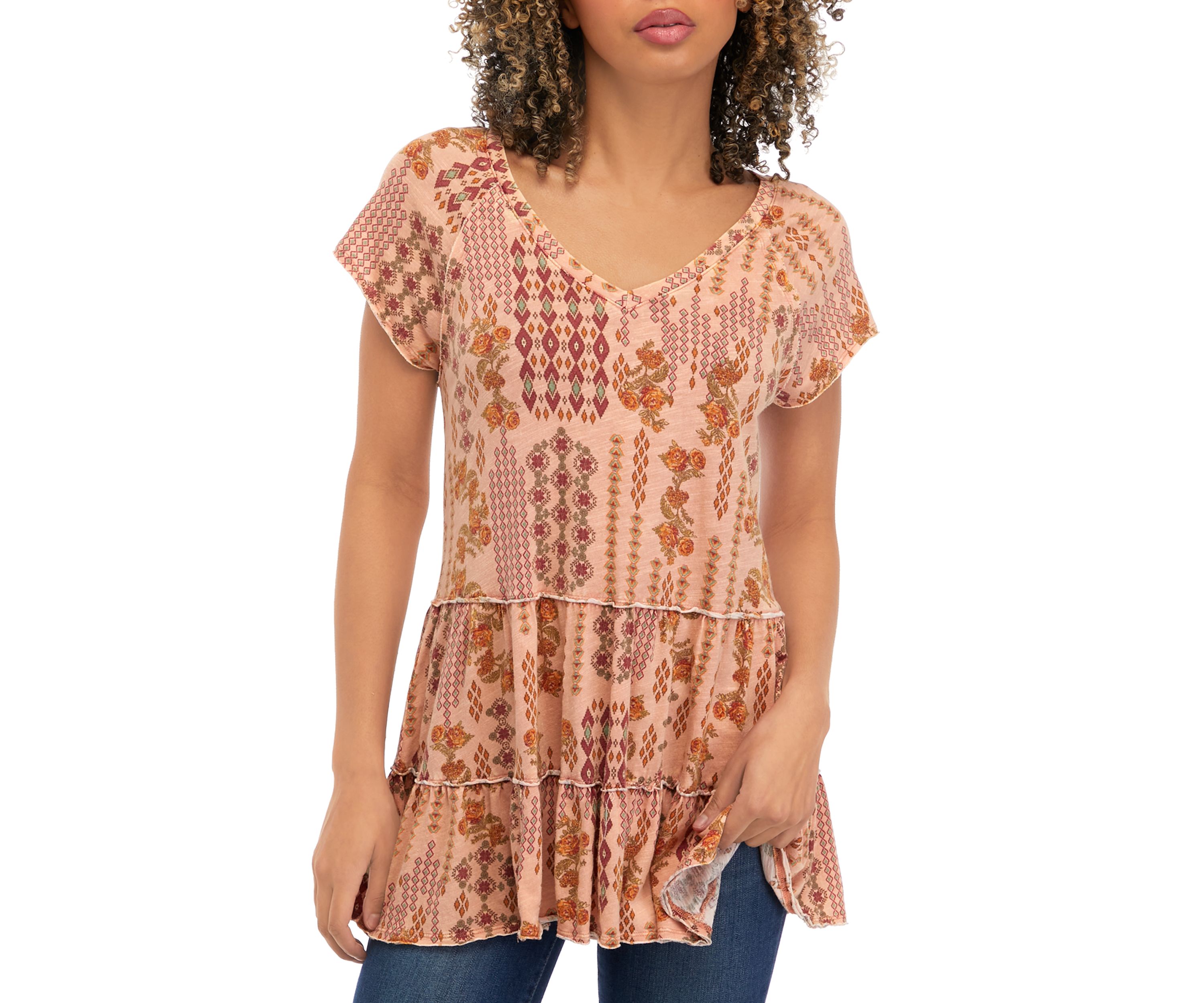 Short Sleeve V-Neck Tiered Knit Top