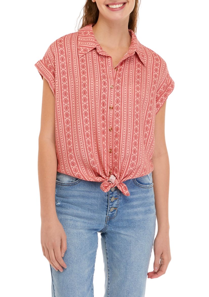 Dolman Sleeve Tie Front Printed Button-Up Top